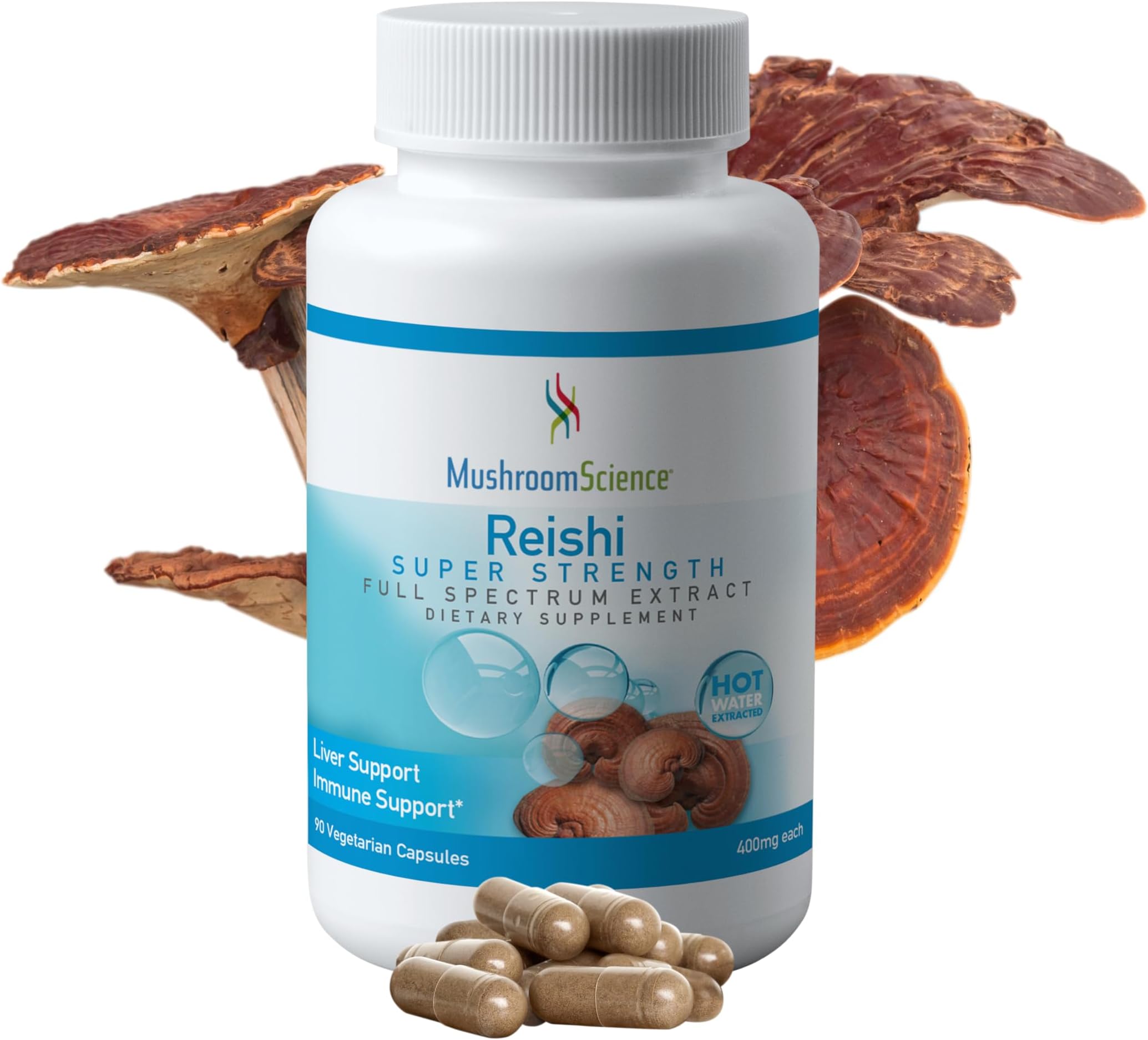 MushroomScience Reishi Mushroom Capsules, Super Strength Full Spectrum Extract, Natural Mushroom Supplement for Adults, Hot Water Extracted Mushrooms, Health Support, Vegetarian, 400MG, 90 CT
