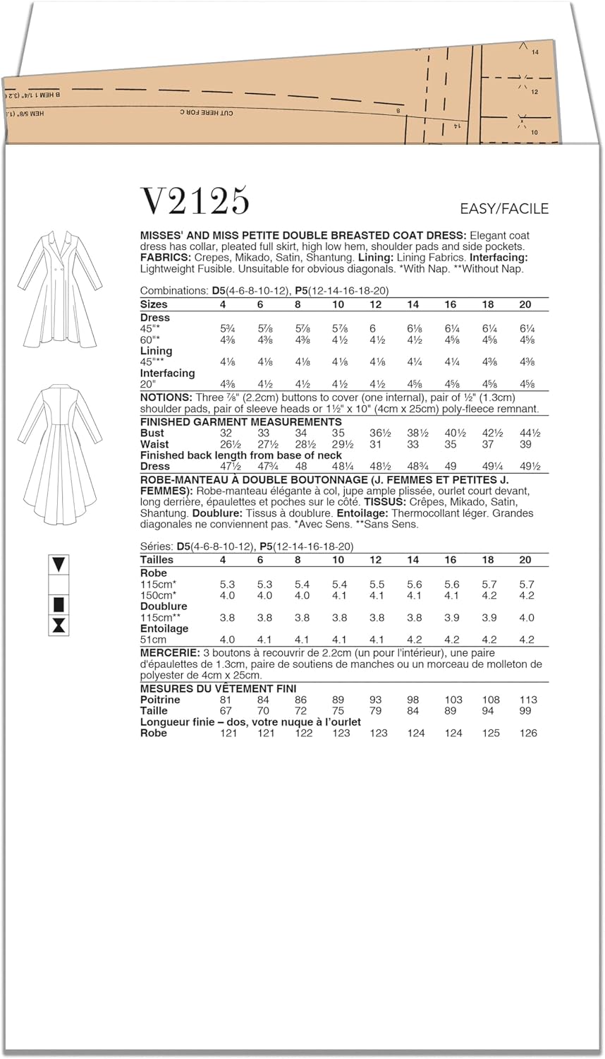 Vogue V2125P5 Misses' Double Breasted Coat Dress Sewing Pattern Packet, Design Code V2125, Sizes 12-14-16-18-20