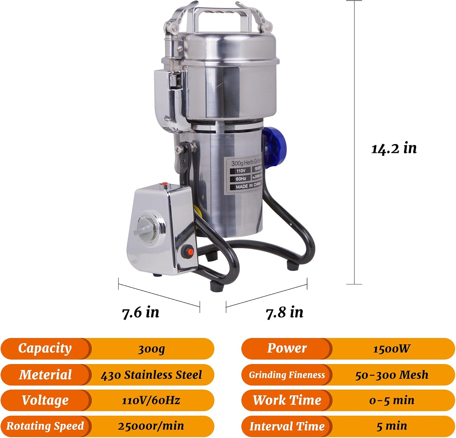 Hakka Grain Mills Grinder, 300g Electric Powder Mill Machine 1500W High Speed Stainless Steel Pulverizer Machine Commercial Herb Grinder for Grinding Dry Corn Coffee Bean Pepper(270° Swing Type)