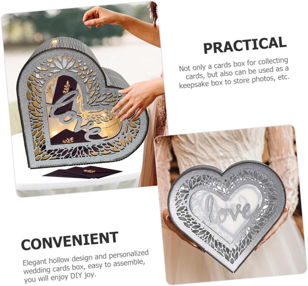 Tofficu Heart Shaped Hollow Wooden Greeting Card Box with Glitter, Portable Wedding and Valentine Envelope Money Storage for Birthday and Event Decorations
