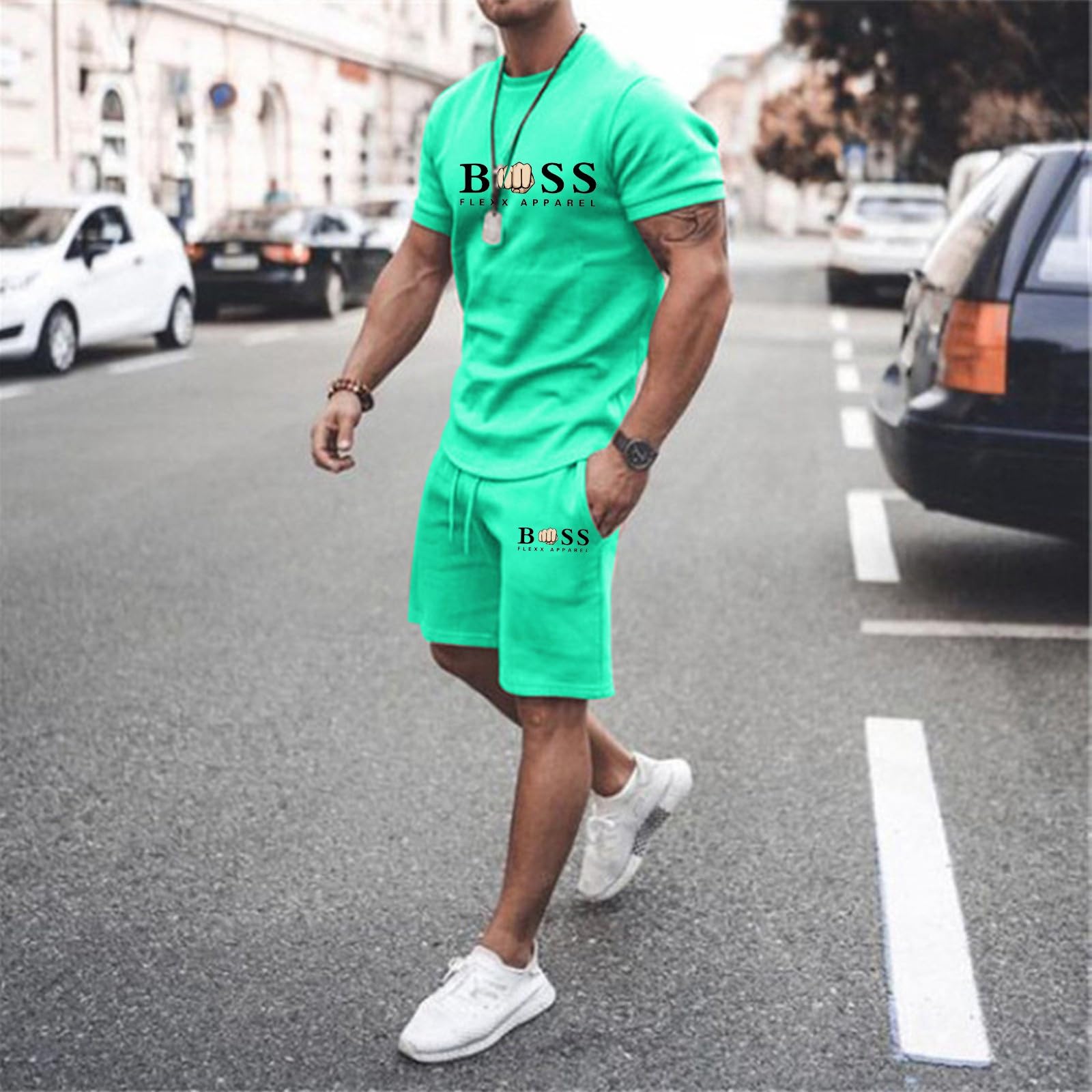 Survêtement de sport pour homme, t-shirt et short, tenue 2 pièces, survêtement d'été décontracté avec poche, grande taille, respirant, sportif et élégant