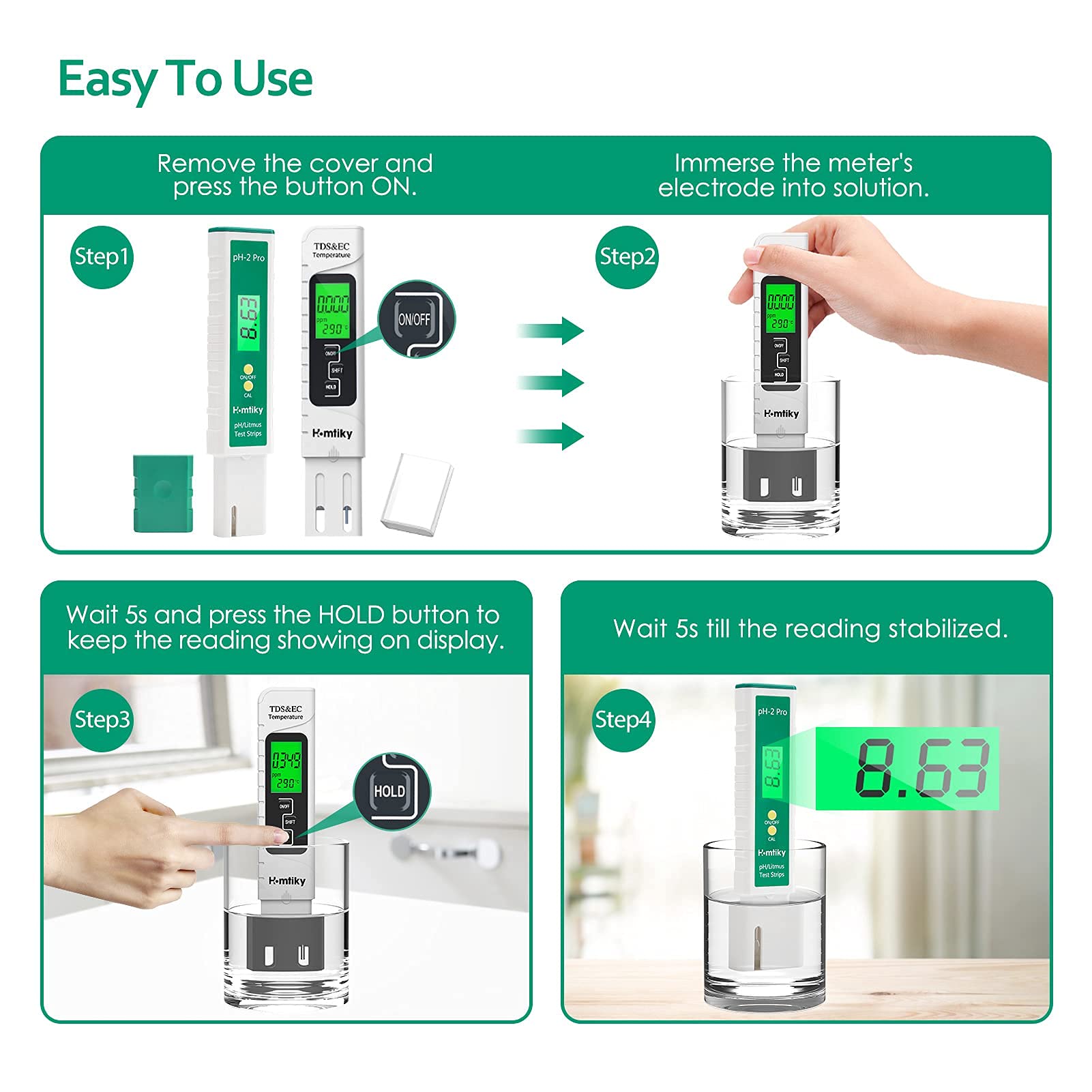 Mètre pH & TDS, Testeur de qualité de l'eau TDS pH 2 en 1, Précision de Mesure de 0 à 14 pH, 1 PPM Résolution, 2% Précision de Lecture, Set 0-9990 PPM, pour Piscine, Aquarium, Plantation, Eau Potable