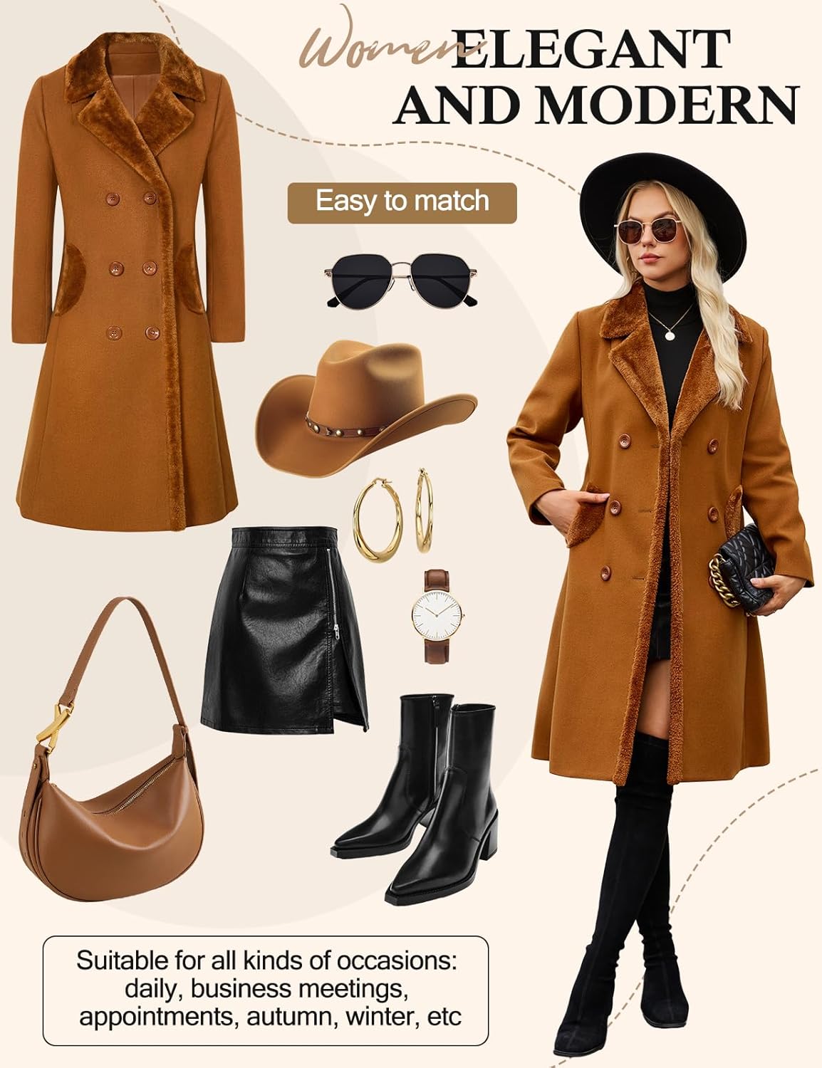Women's Winter Coats Warm Double Breasted Pea Coat Lapel Collar Trench Coat Long Thick Slim Fit Outwear - Image 4