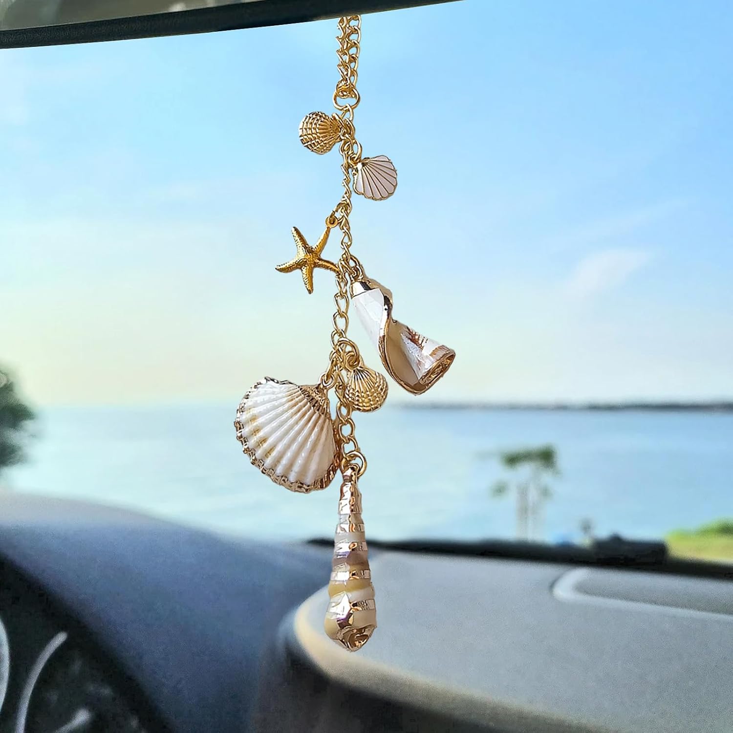 Sea Shells Car Decor,Cute Coastal Hanging Charm for Rear View Mirror, Boho Beach Themed Car Accessories,Hand-Made Starfish Conchas Aesthetic Ornament Pendant for Women Gold