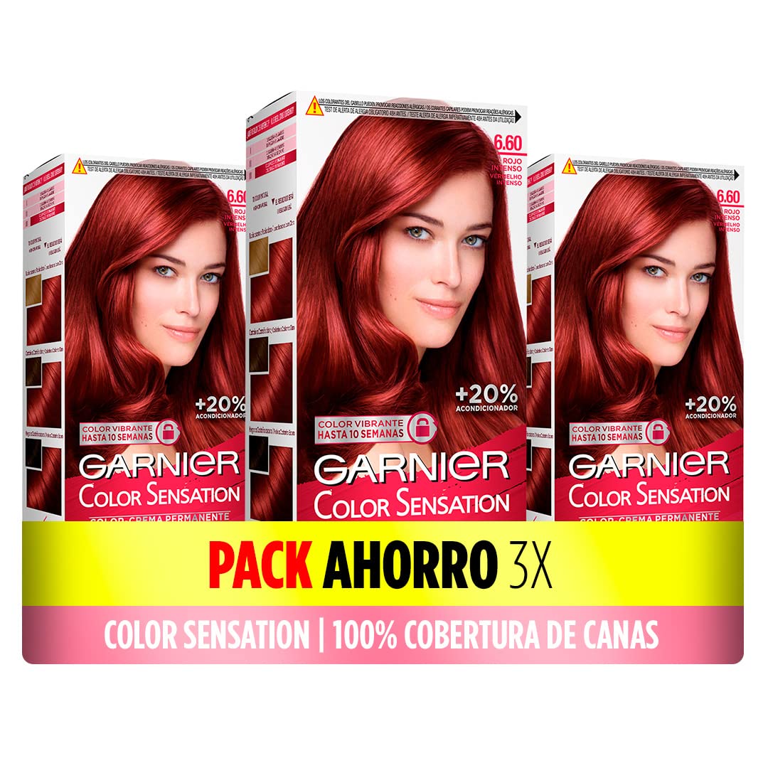 Garnier Pack de 3 Cajas Coloración Color Sensation Garnier: Vivo y Duradero, Cobertura Completa Canas, Fácil Aplicación con Bol Pincel, Cabello Suave Sedoso, 6.60 Rojo Intenso