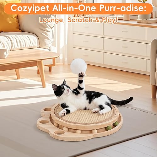 Miniatura 6 de Tabla rascadora para gatos con sisal natural, 3 en 1 interactiva con pista de bolas y bola de resorte para interiores y exteriores, almohadilla de