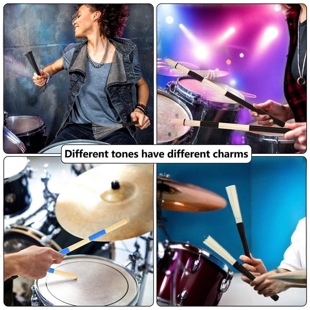 Drumbrush Set 4Pairs,Cahon Metal Wire Brushes,Jazz Nylon Brushes,Percussion,Bamboo Tie Rods,Birch Multi-Rod Bundle Sticks with Blue Drumstick Bag,Suitable for beginners