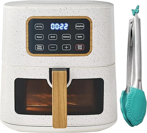 Pioneer Woman - Freidora de aire de 5.8 cuartos de galón, moteado de lino, eficiencia energética con pinzas de acero inoxidable resistentes a la