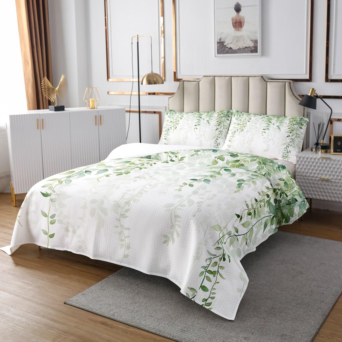 Castle Fairy Green Leaves Bedspread Watercolor Willow Spring Rustic Style Bedding Set for Kids Teens Adults Natural Botanical Trees Plants Coverlet Set with 2 Pillowcases Queen Size 3 Pcs