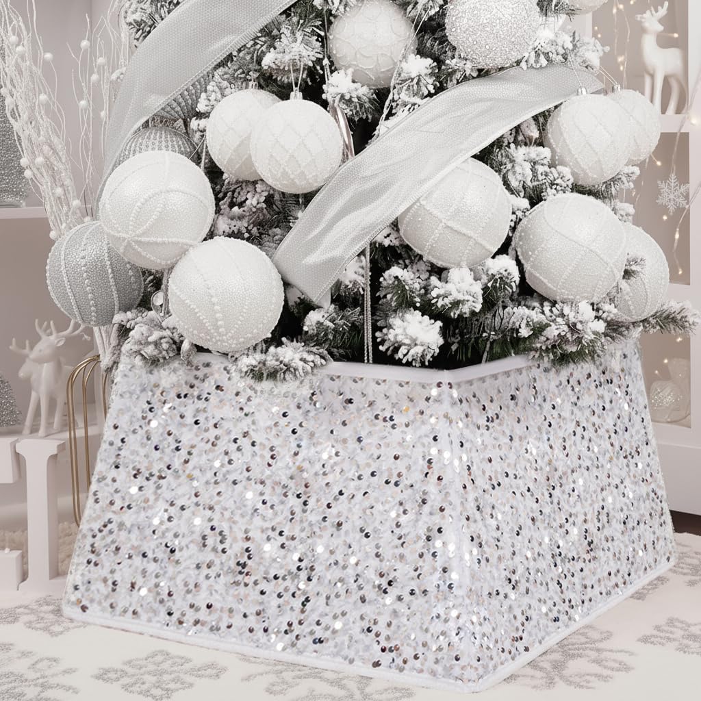 XmasExp Christmas Tree Collar, 24 inch Sequin Tree Skirt Stand Base Cover for Home Decor, Medium Size 4 Piece, White White Small