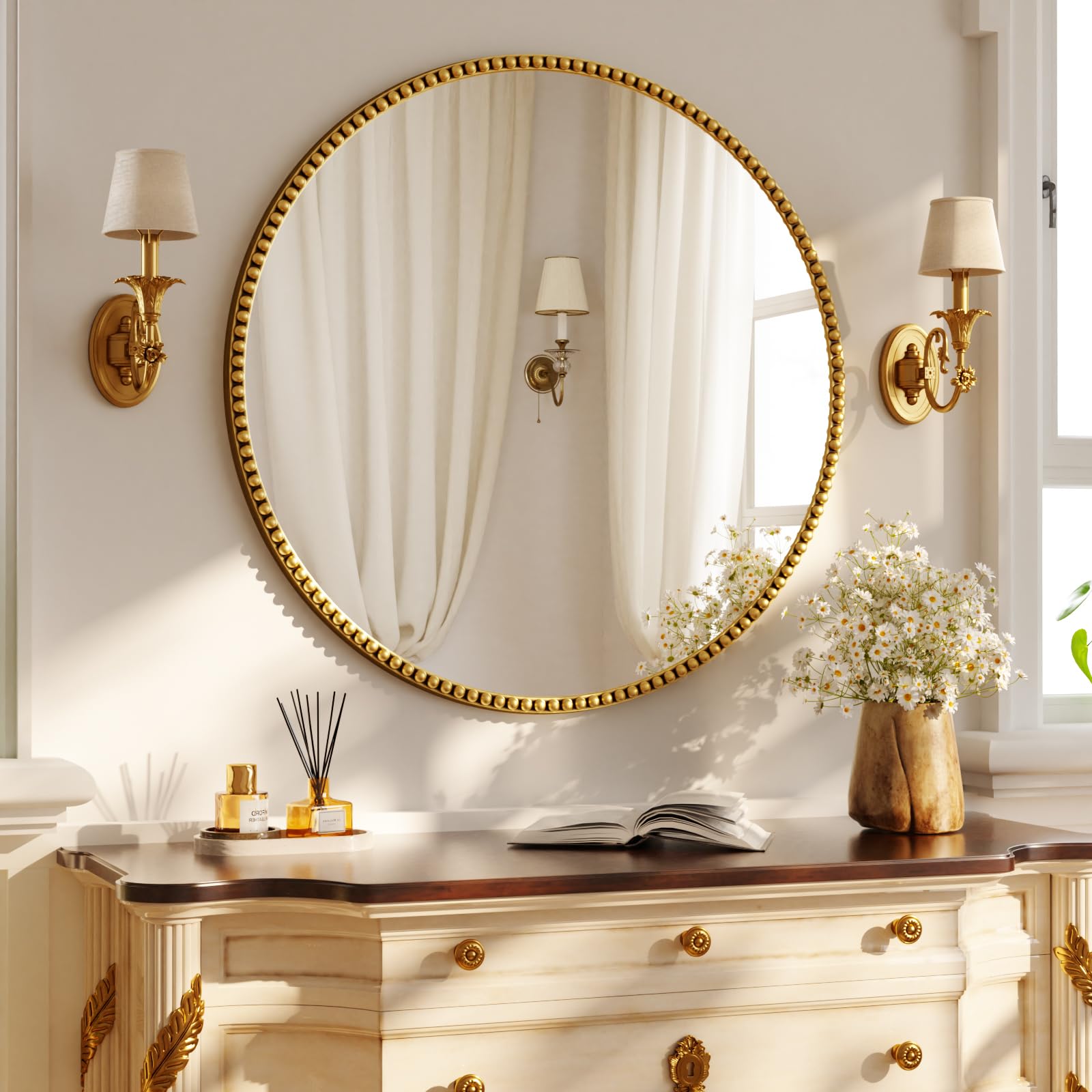 Koonmi Miroir mural rond 70 cm Petit cadre de perles en verre trempé Convient pour chambre à coucher, salle de bain, etc., Doré