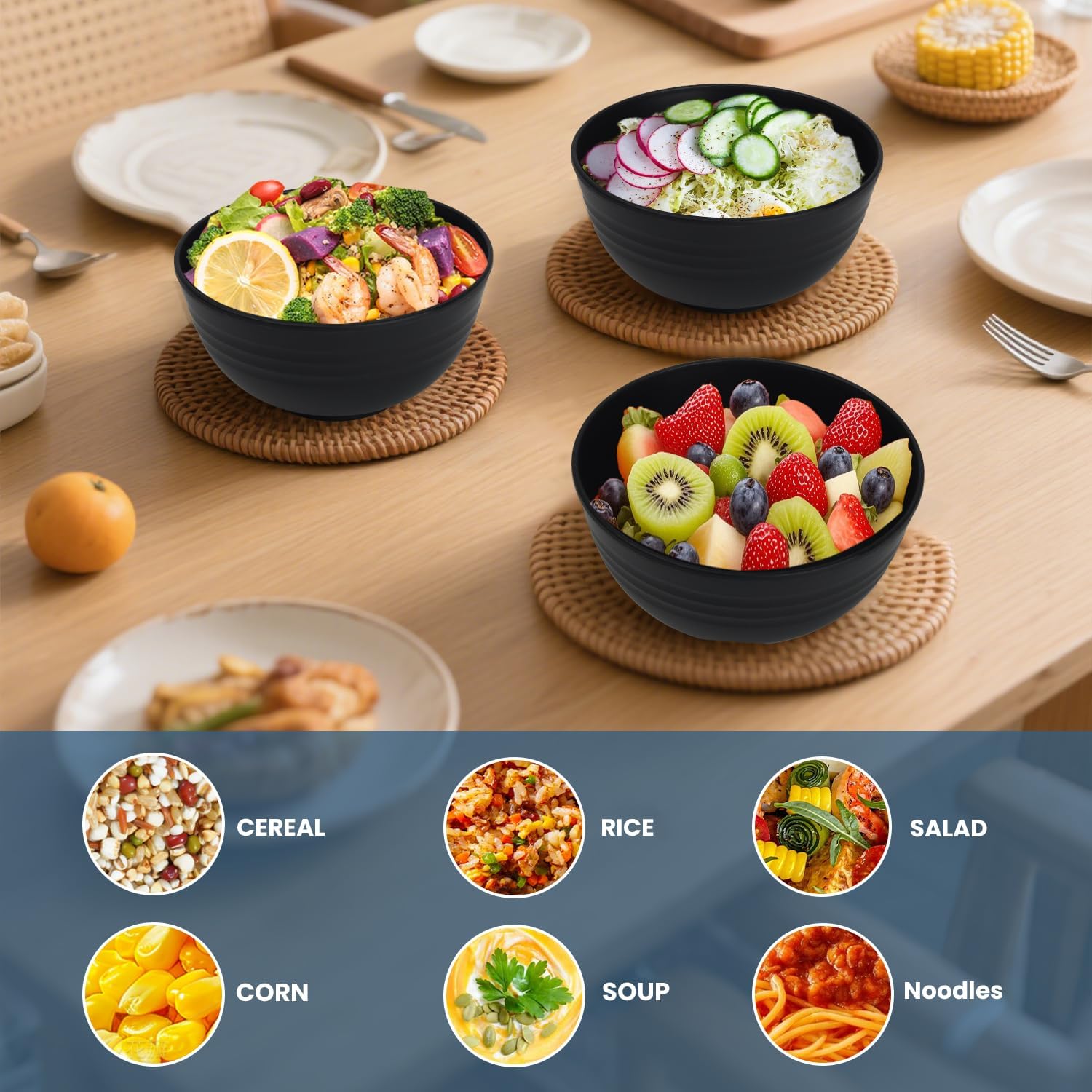 Ramen Bowl 26oz, Unbreakable Salad Bowls Sets of 6 - Black image 5