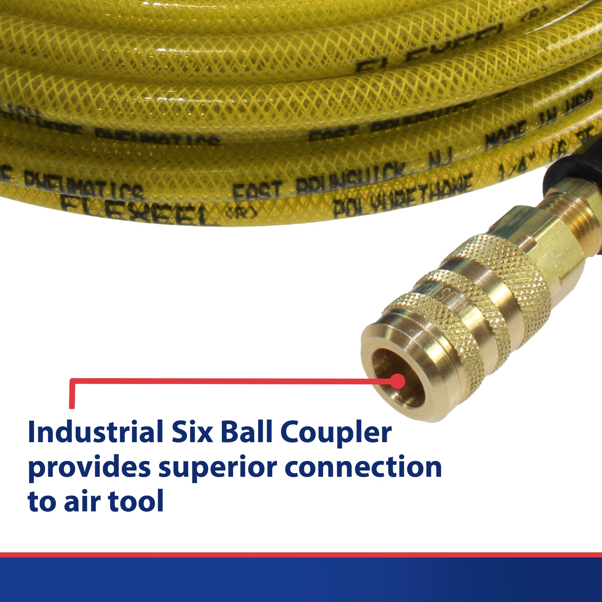 Coilhose PFE4100TYS15X Flexeel - Manguera de aire de poliuretano reforzada, 1/4" ID, 100' de longitud con acoplador y conector industrial de 1/4", color amarillo transparente