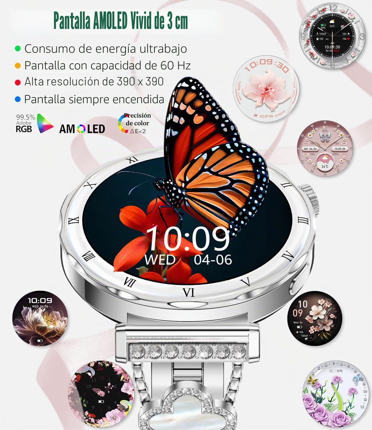 AMOLED Reloj inteligente para mujer, pantalla HD de 1.2", monitor de ritmo cardíaco/sueño, llamada Bluetooth, impermeable IP67, compatible con iOS y Android (plata elegante RT-i222)