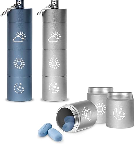 Pastillero pequeño (paquete de 2) llavero de metal impermeable, botella de medicina diaria para viajes, bolsa portátil de aleación de aluminio para
