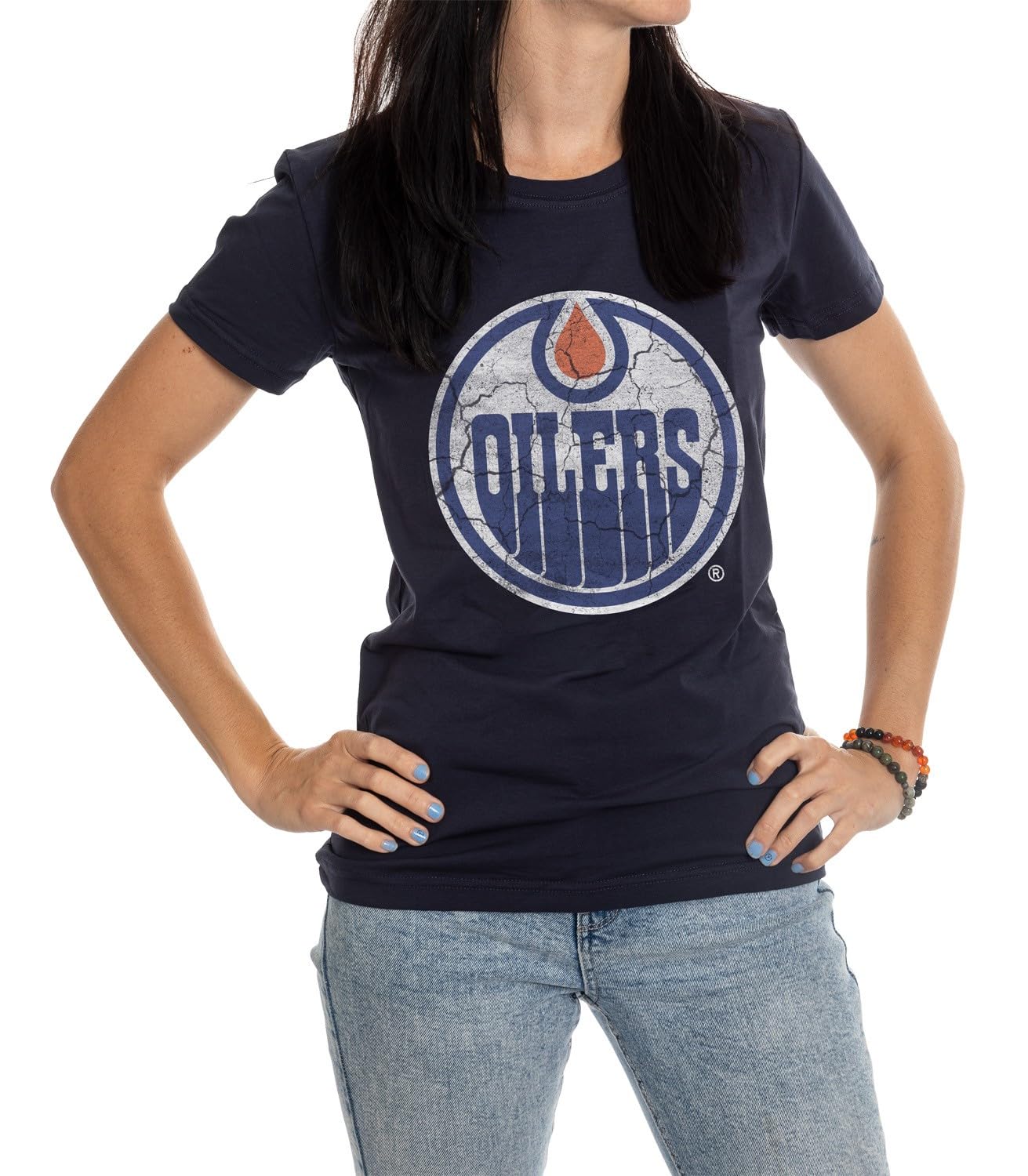 Calhoun NHL Surf & Skate Women's Distressed Print Fitted Crew Neck Premium T-Shirt (Edmonton Oilers, XX-Large)