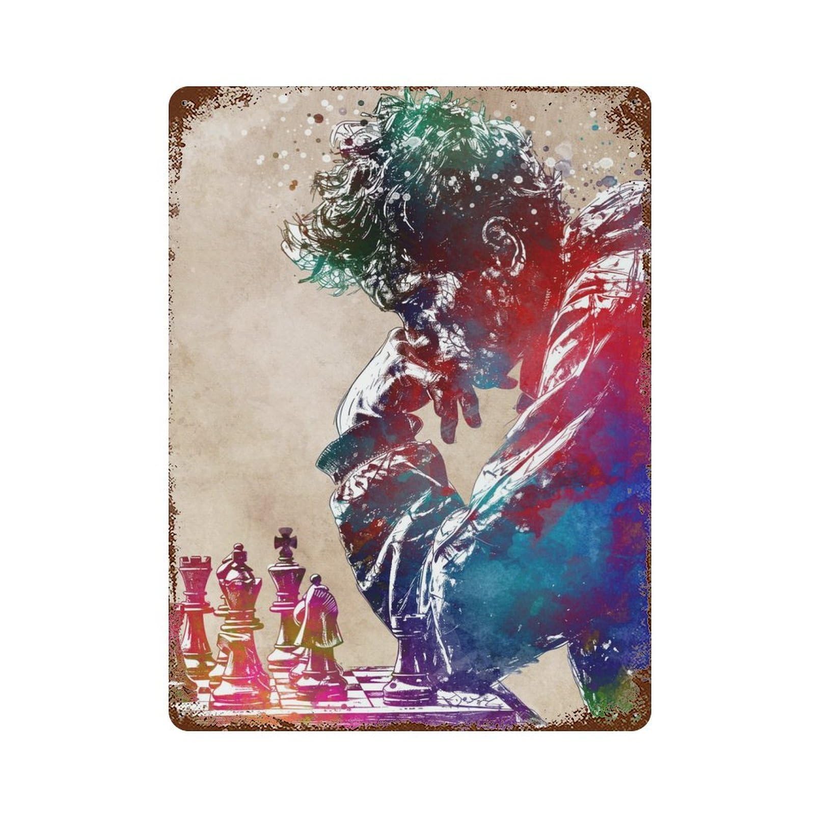 Chess Player Watercolor 15.7"x11.8" Rustic Tin Plaque, Retro Wall Decor for Garage, Bar And Workshop Decor