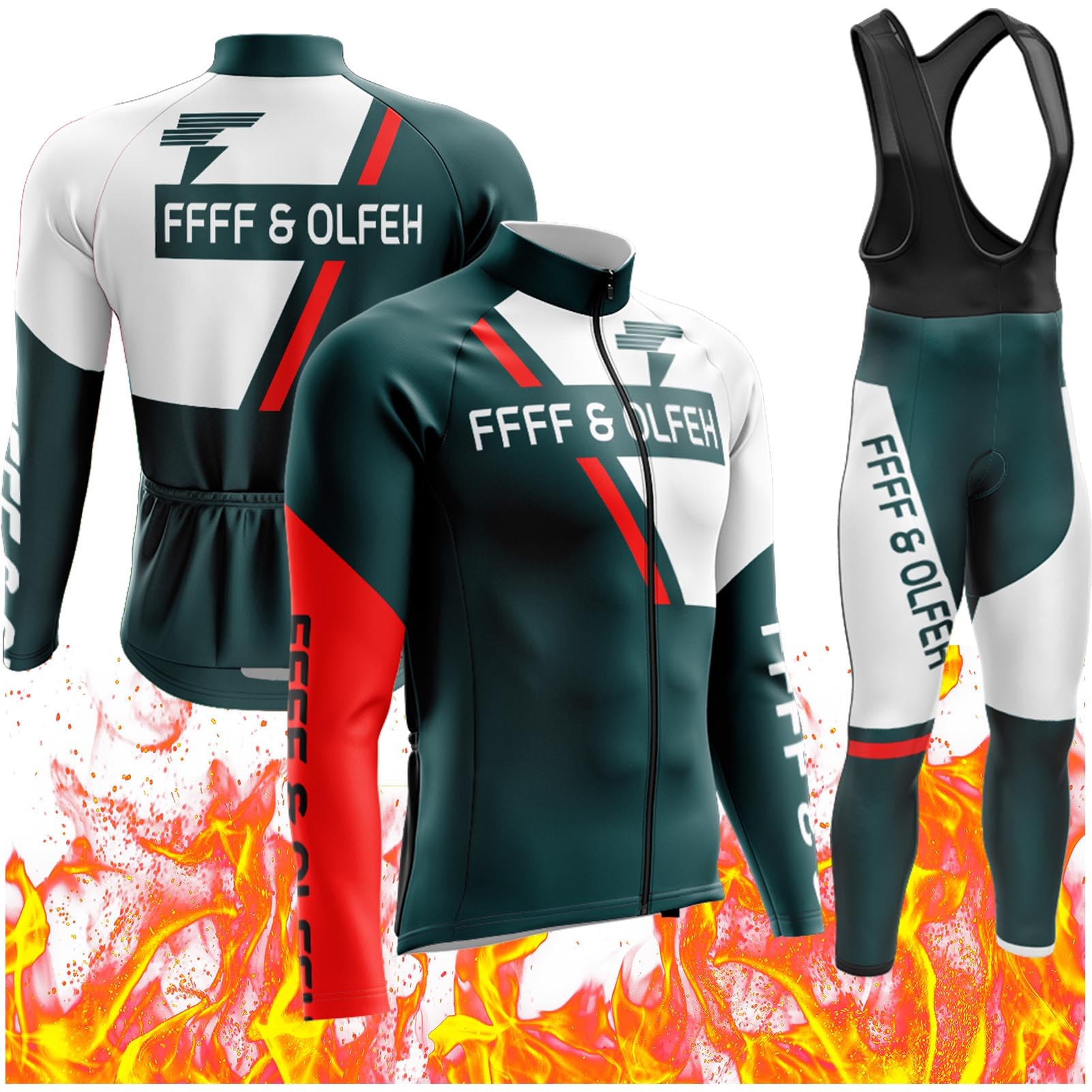 Winter Cycling Jersey Mens Long Sleeve Set, Windproof Clothing Set, Long Sleeve Jersey with 9D Padded Bib Tight for Biking, Bicycle Riding