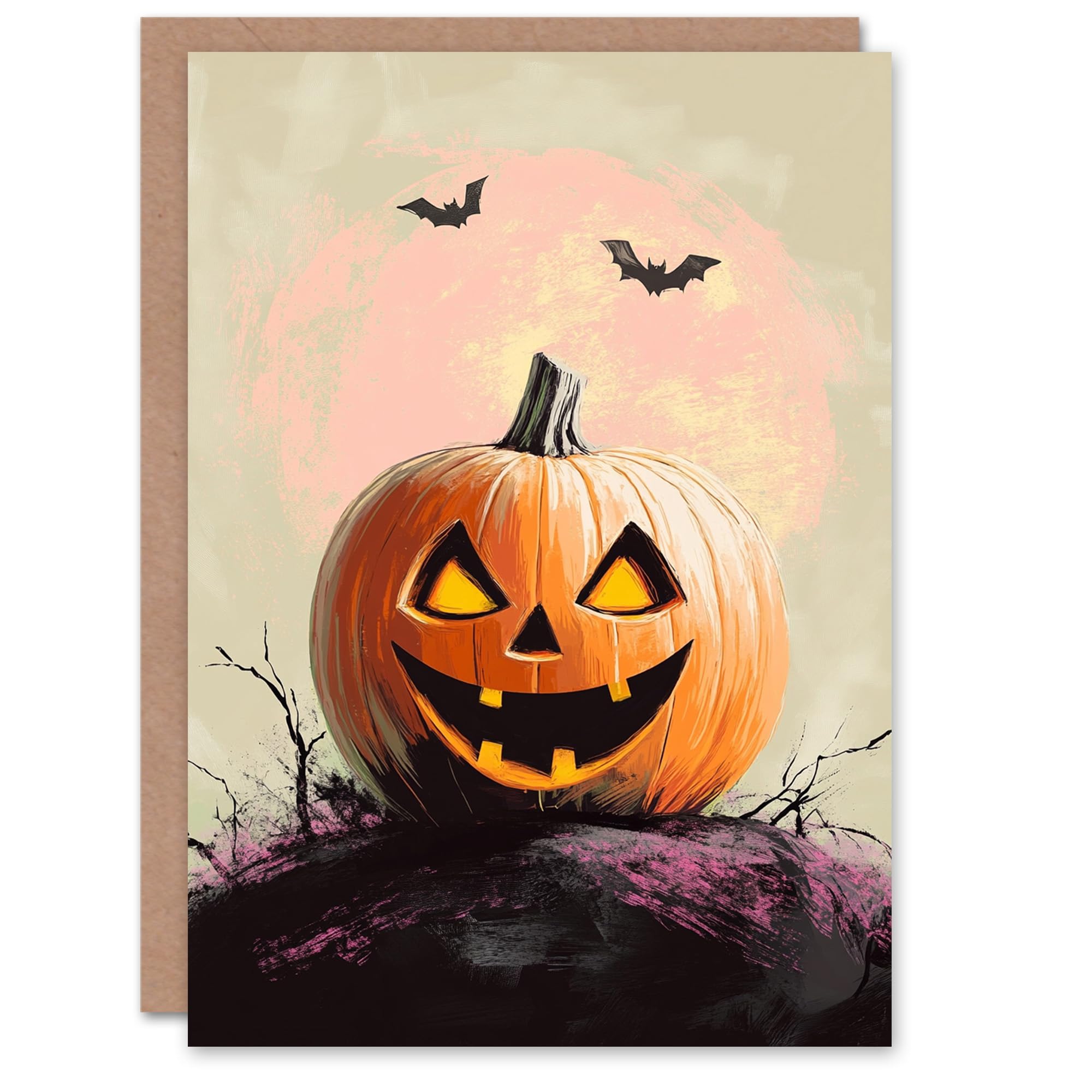 Carved Pumpkin Jack o Lantern Bats Fun Scary Haunted Halloween Card
