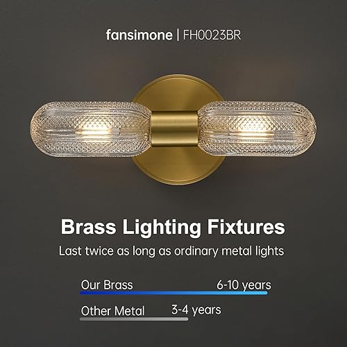 Miniatura 3 de Apliques de pared de latón cepillado de 12.3 pulgadas con vidrio moleteado, lámpara de pared de latón macizo dorado para tocador de baño, sala de