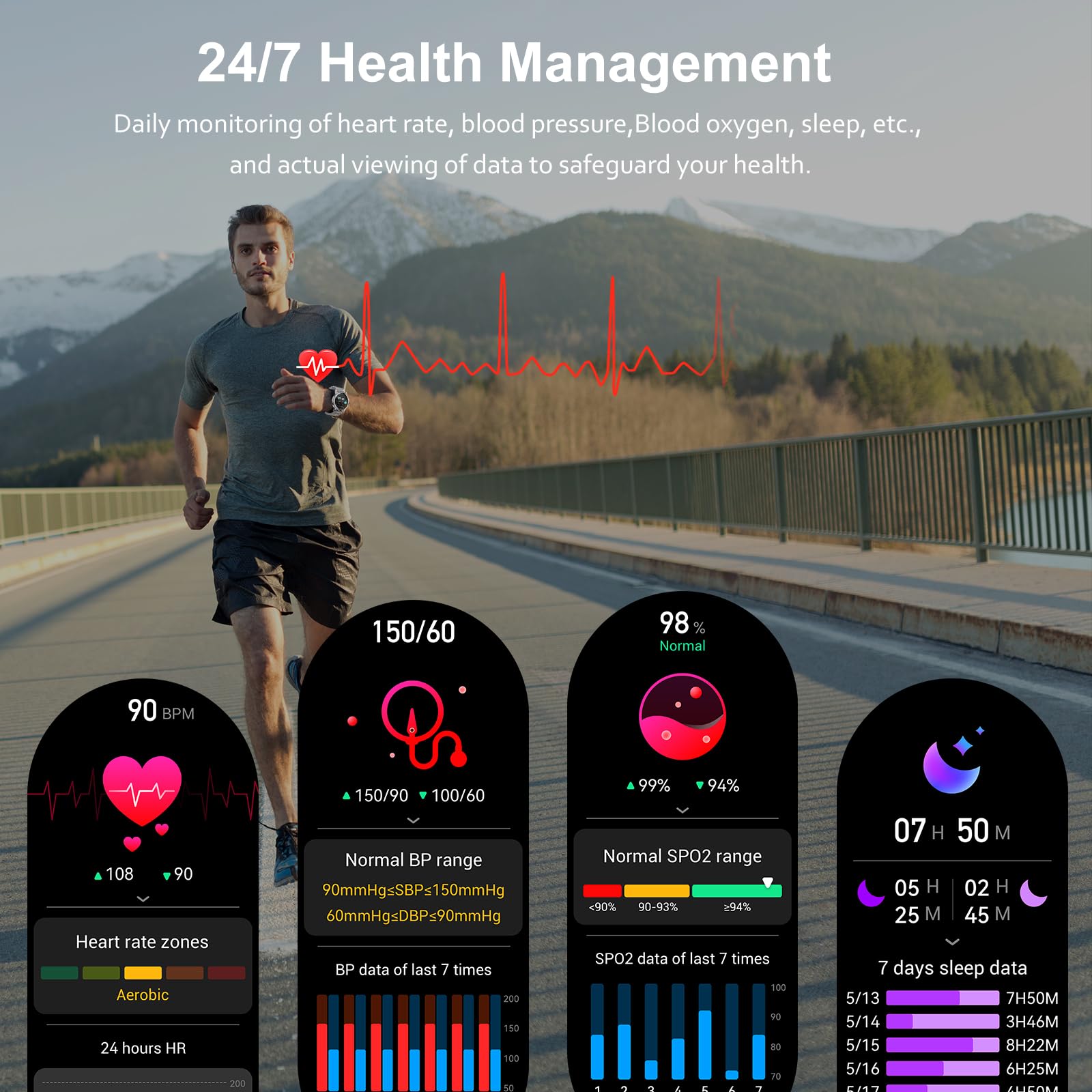 YYKY Smartwatch voor heren, bluetooth, 1,8 inch, militair