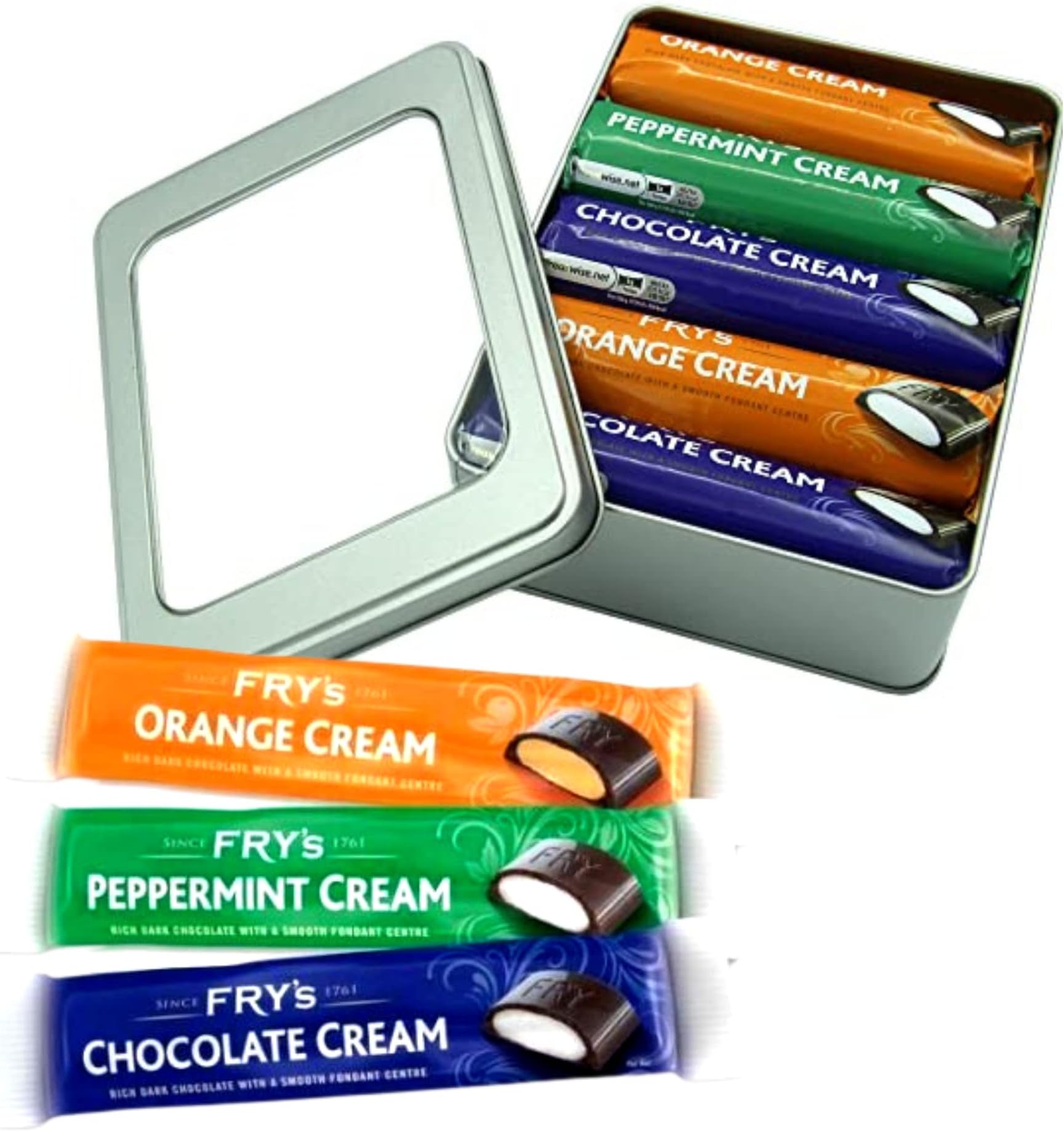 Frys Chocolate Cream Bars Selection Box Hamper x 18 x 882g Mixed Flavours Bundle with Rainbow Gifts Silver Refillable Window Lid Keepsake Tin