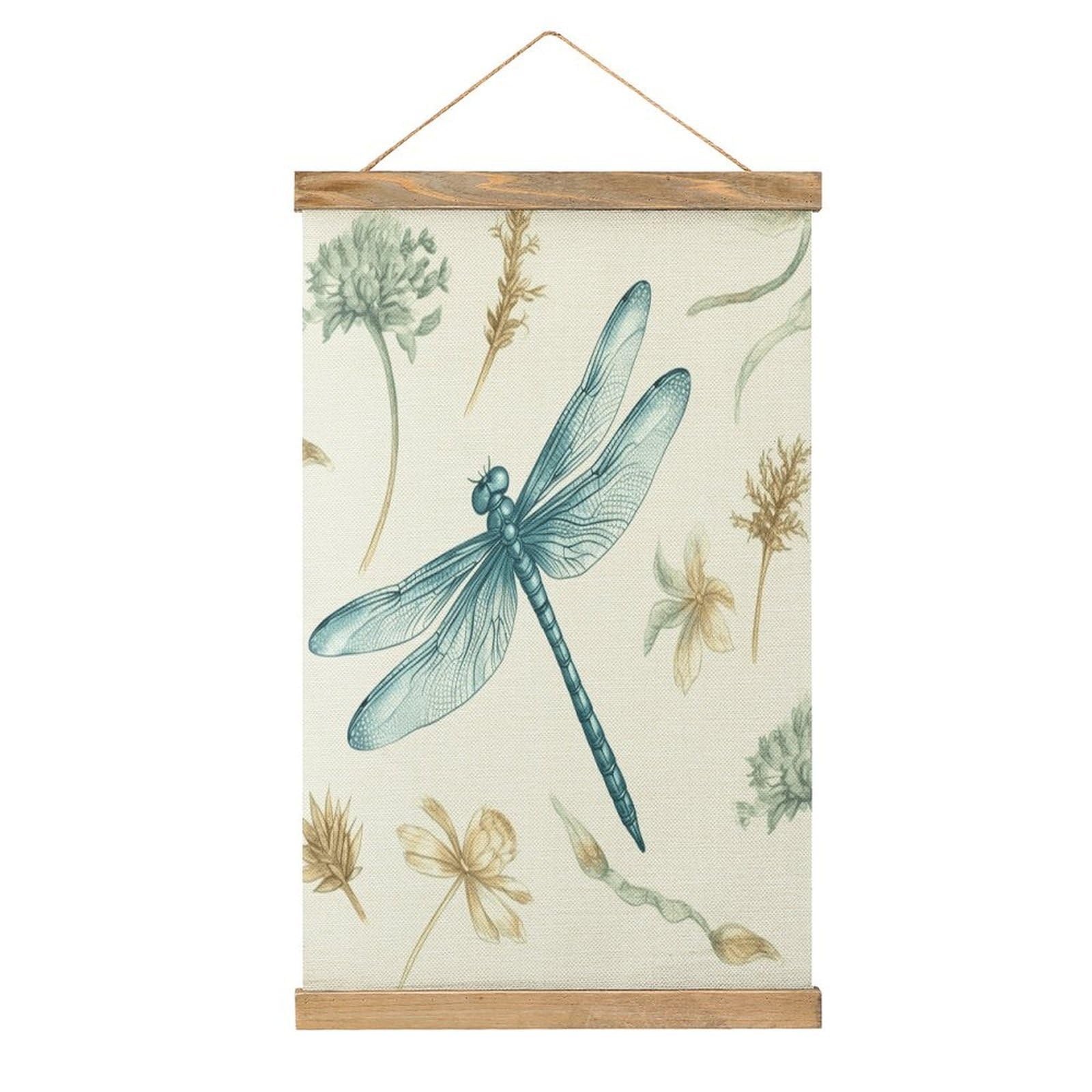 VstaDank Dragonfly Hanging Poster with Wooden Frame Modern Linen Hanging Painting Retro Style Wall Decor Art Painting for Living Room,Bedroom Decor Poster Frame 20.4x13.1inch