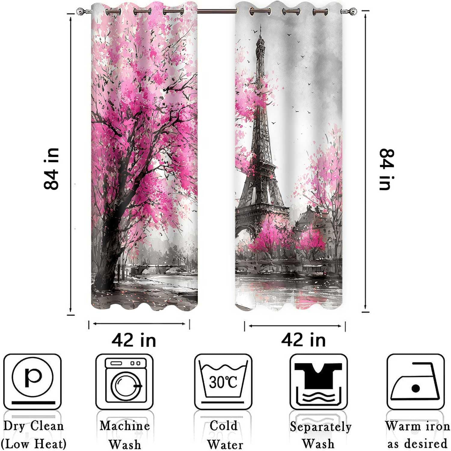Paris Eiffel Tower Curtains for Bedroom,Black Pink French Style Blackout Curtain,4284inch Modern Landscape Black White Pink Ink Painting Printed Curtains for Living Room 2Panels HILC06
