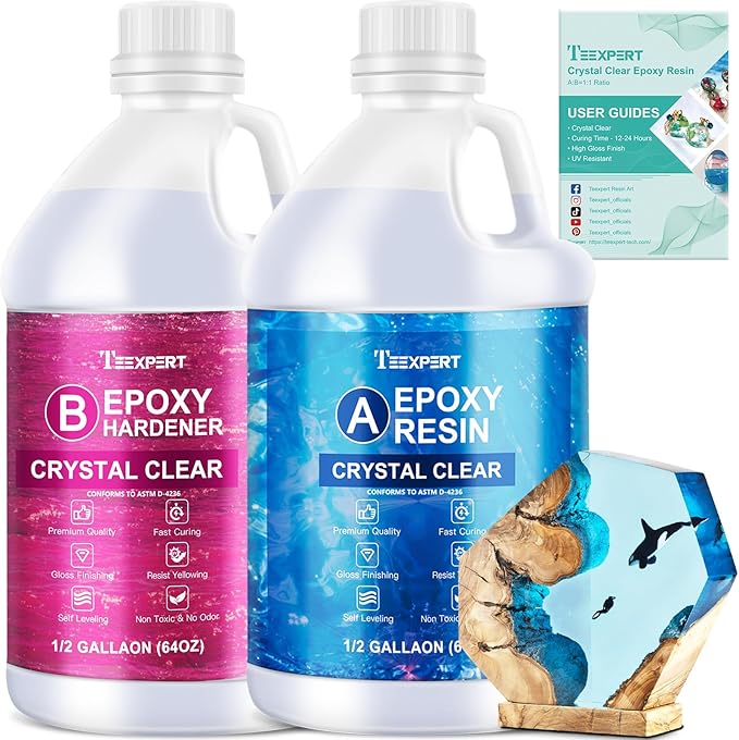 Teexpert Epoxy Resin Crystal Clear Kit 1 Gallon HighGloss Coating and Casting Resin, Self