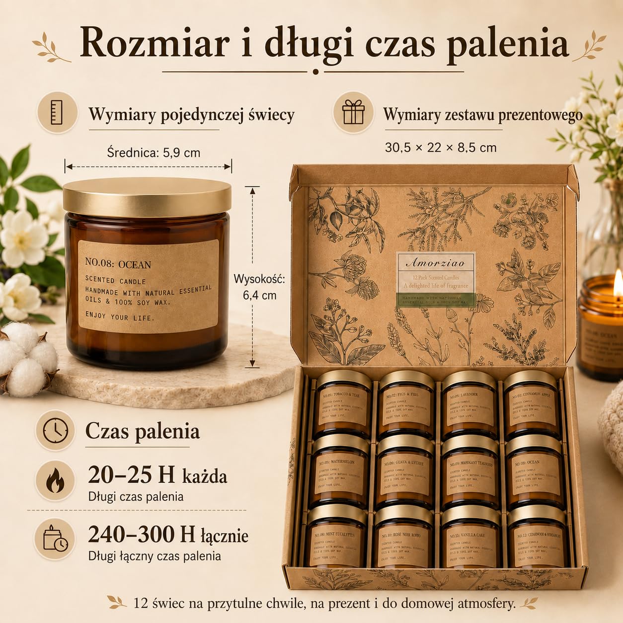 Zestaw upominkowy świec zapachowych dla kobiet, 12 szt. świec zapachowych, świeca z wosku sojowego, duże świece w szkle, zestaw upominkowy dla mamy, na Boże Narodzenie, urodziny, do kąpieli, jogi