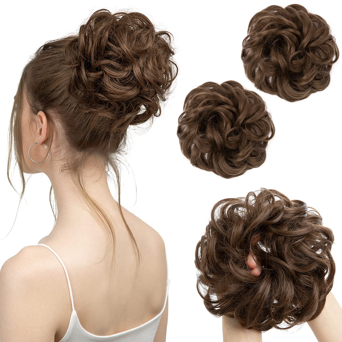 SARLA 2PCS Messy Hair Bun Hair Pieces Wavy Curly Synthetic Updo Fake Scrunchies Ponytail Extension for Women Medium Brown 2PCS-Medium Brown