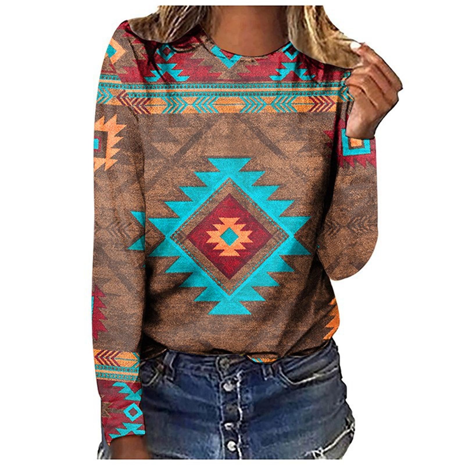 Keepmore Women's # 2 Western Aztec T-Shirt Ethnic Style Graphic Round Neck Long Sleeve Pullover Sweatshirt Sport Tops