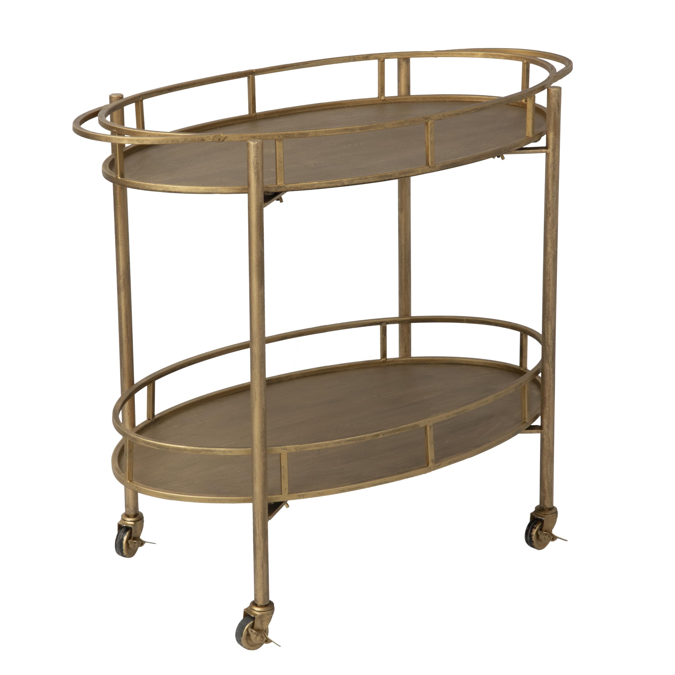 Creative Co-Op gold two tier metal bar cart on casters