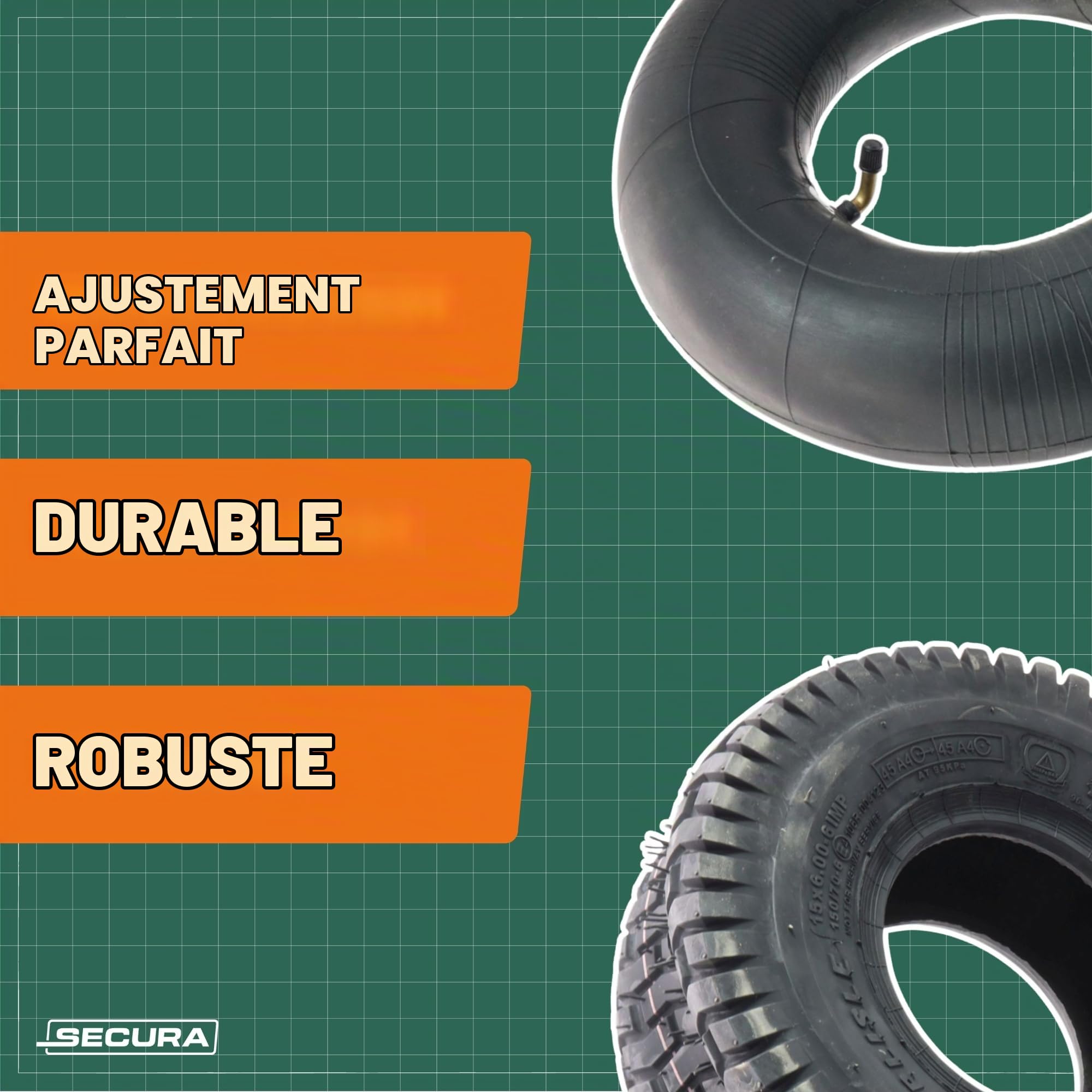 SECURA 2x Pneus 15x6.00-6 + 2x chambres à air (valve courbée)