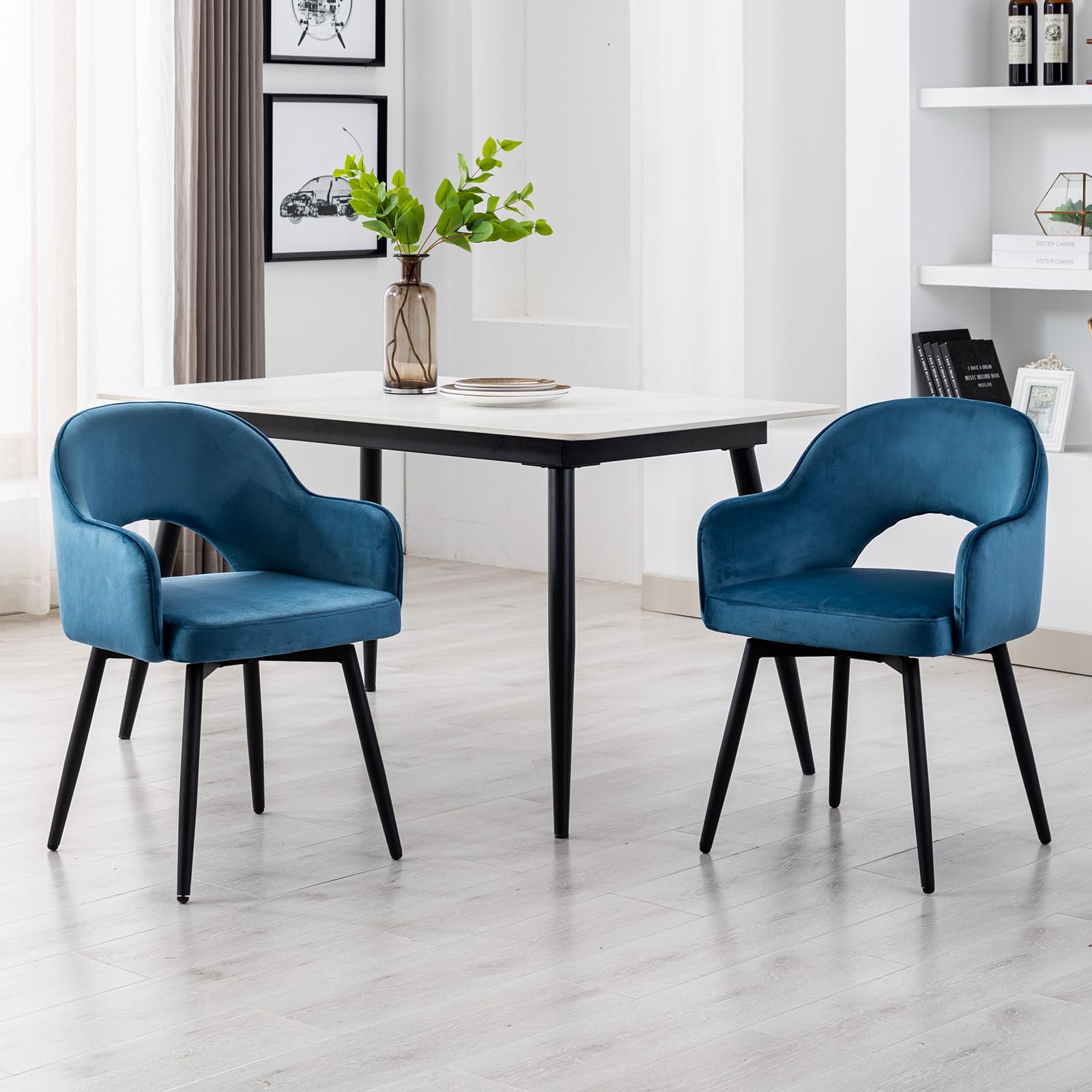 Ya-Home Set of 2 Dining Chairs Velvet Kitchen Swivel Chairs with Armrests for Dining Room/Living Room, Blue