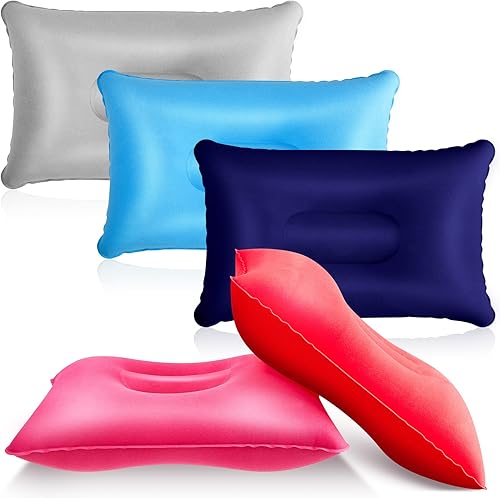 5 piezas de almohada inflable de viaje, portátil, compacta, almohada de aire de tela flocada, almohada para mochilero, para camping, senderismo,