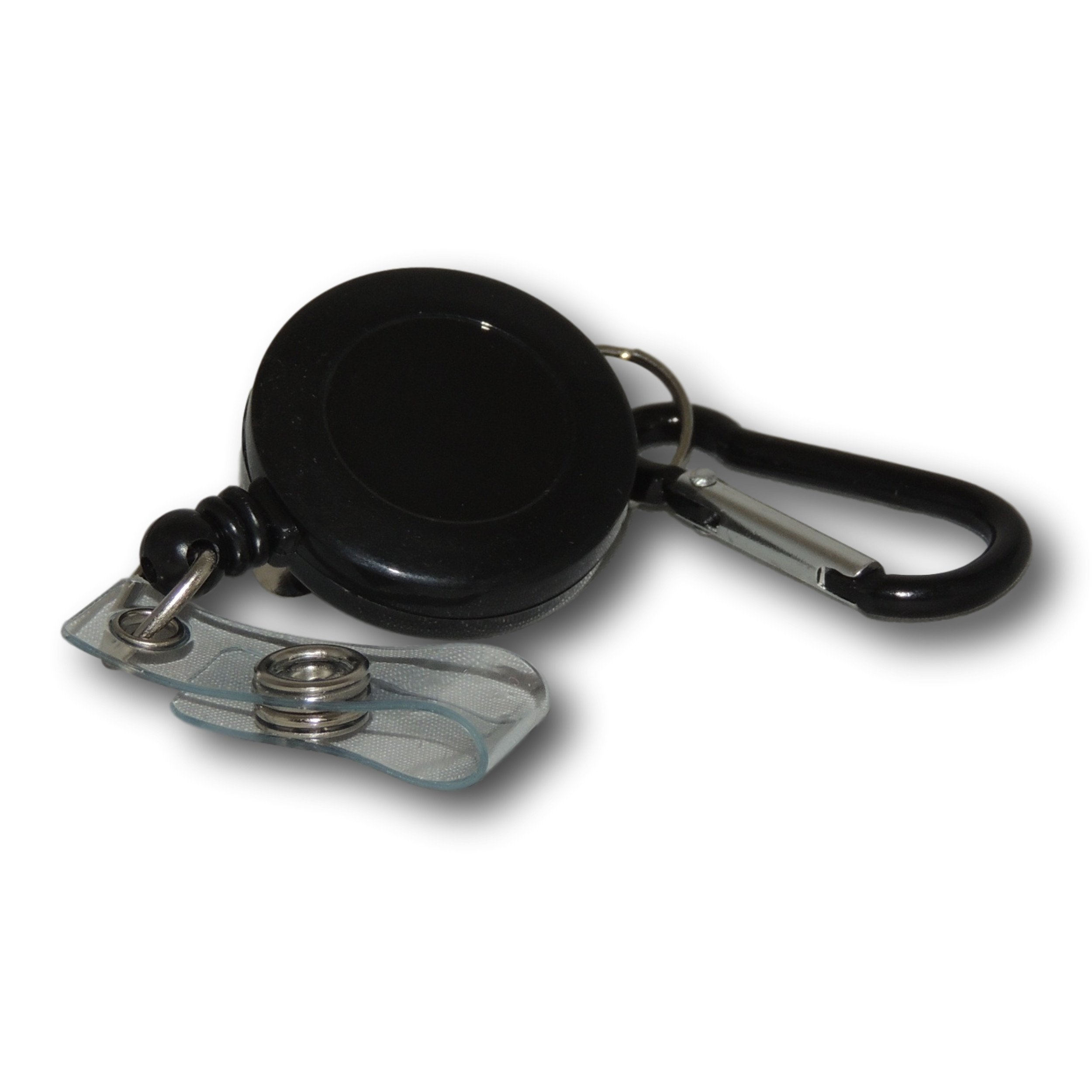 EPOSGEAR Retractable Reel Recoil Pull Chain Cord Carabiner Belt Clip with Clear Ski Pass ID Card Badge Holder - Supplied with 3M Sticky Pad for Mounting (Black - 25 Pack)