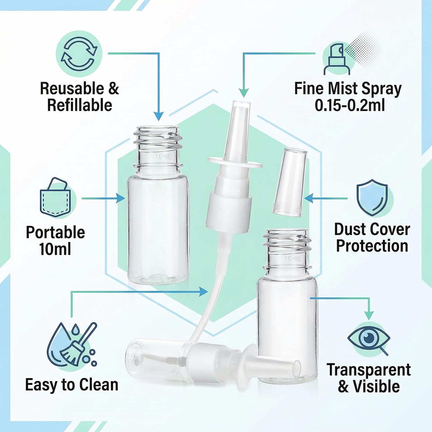 5 pezzi flacone spray, atomizzatore ricaricabile in plastica da 10 ml con pompa a nebulizzazione fine per spray nasale, profumo e ricariche di olio (trasparente)