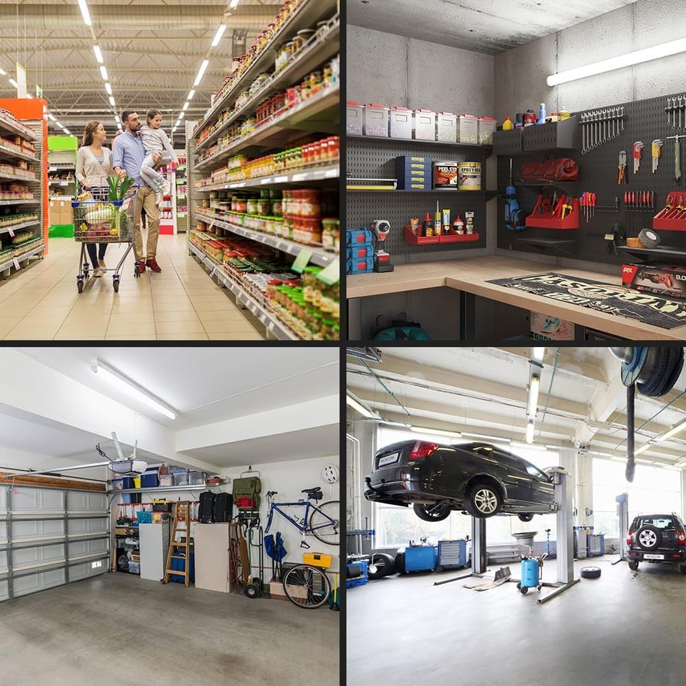 Collage of four images showing the HOFTRONIC Q-Series LED lamp installed in a supermarket aisle, a workshop, a home garage, and an auto repair shop.