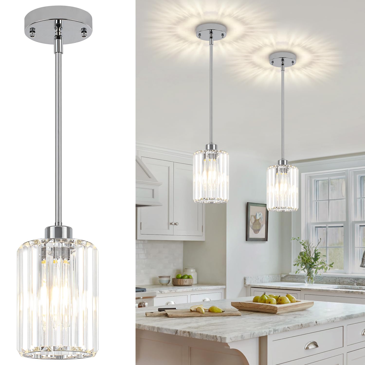 Photo 1 of Chrome Pendant Lights Kitchen Island 2 Pack, Modern Crystal Pendant Lighting Over Island Sink Hallway Light Fixtures Adjustable Height Hanging Pendant Light for Dining Room Bathroom Entryway Bedroom