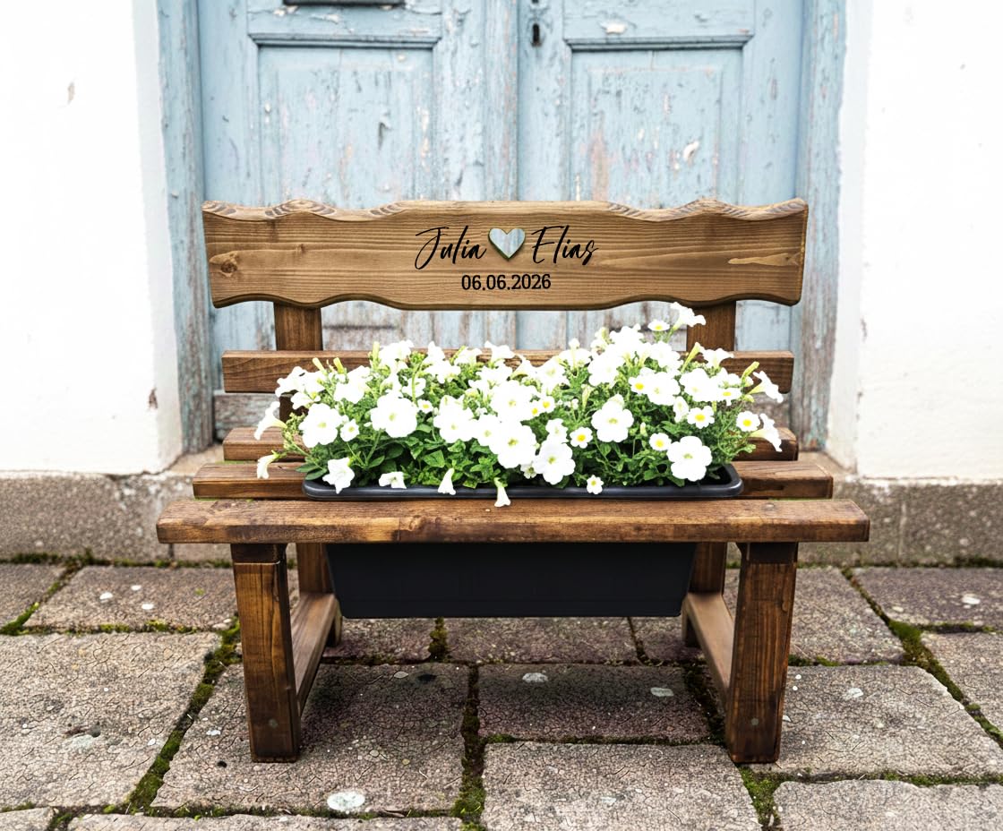 Generisch Personalisiertes Hochzeitsgeschenk Hochzeitsbank mit Blumenkasten, Hochzeit Geschenk Blumenbank, Blumenbänkle aus Holz, Gravierte Gartenbank für Terrasse, Gartendeko, Eingangsbereich Deko