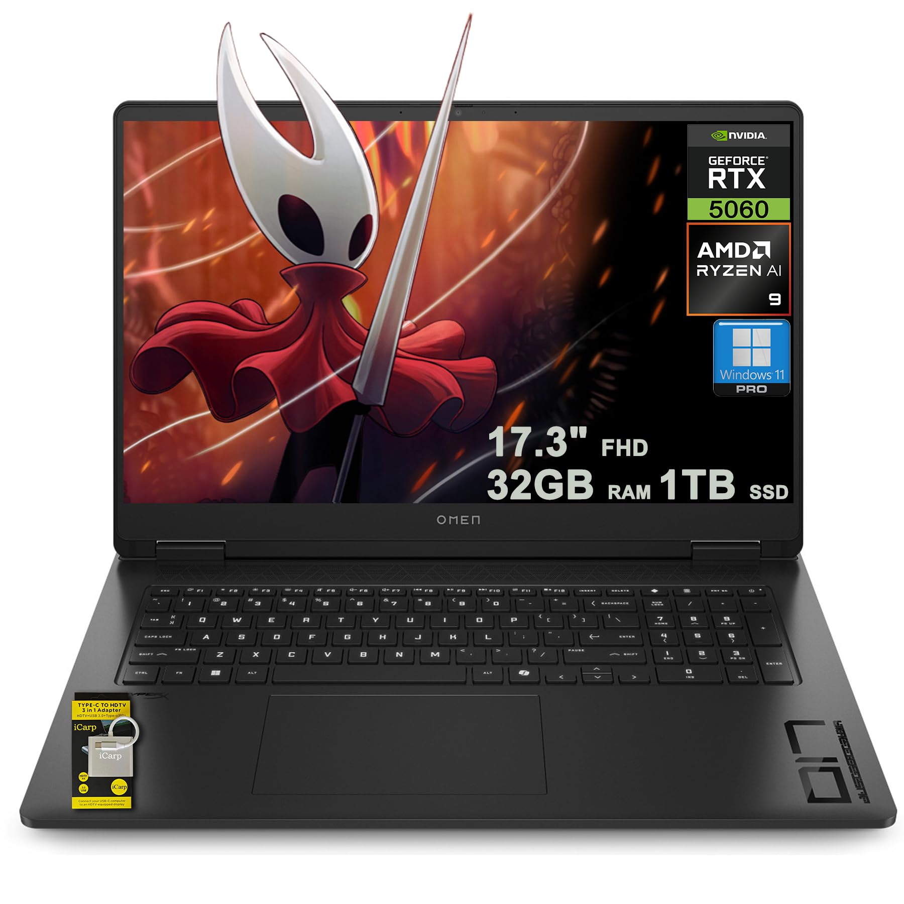 HP Omen 17 Gaming AI Laptop 17.3" FHD IPS 144Hz (100% sRGB) AMD Zen 5 10-core Ryzen AI 9 365 (Up to 50 Tops) 32GB RAM 1TB SSD GeForce RTX 5060 (Up to 572 AI Tops) RGB Backlit HyperX Win11Pro ICP Hub