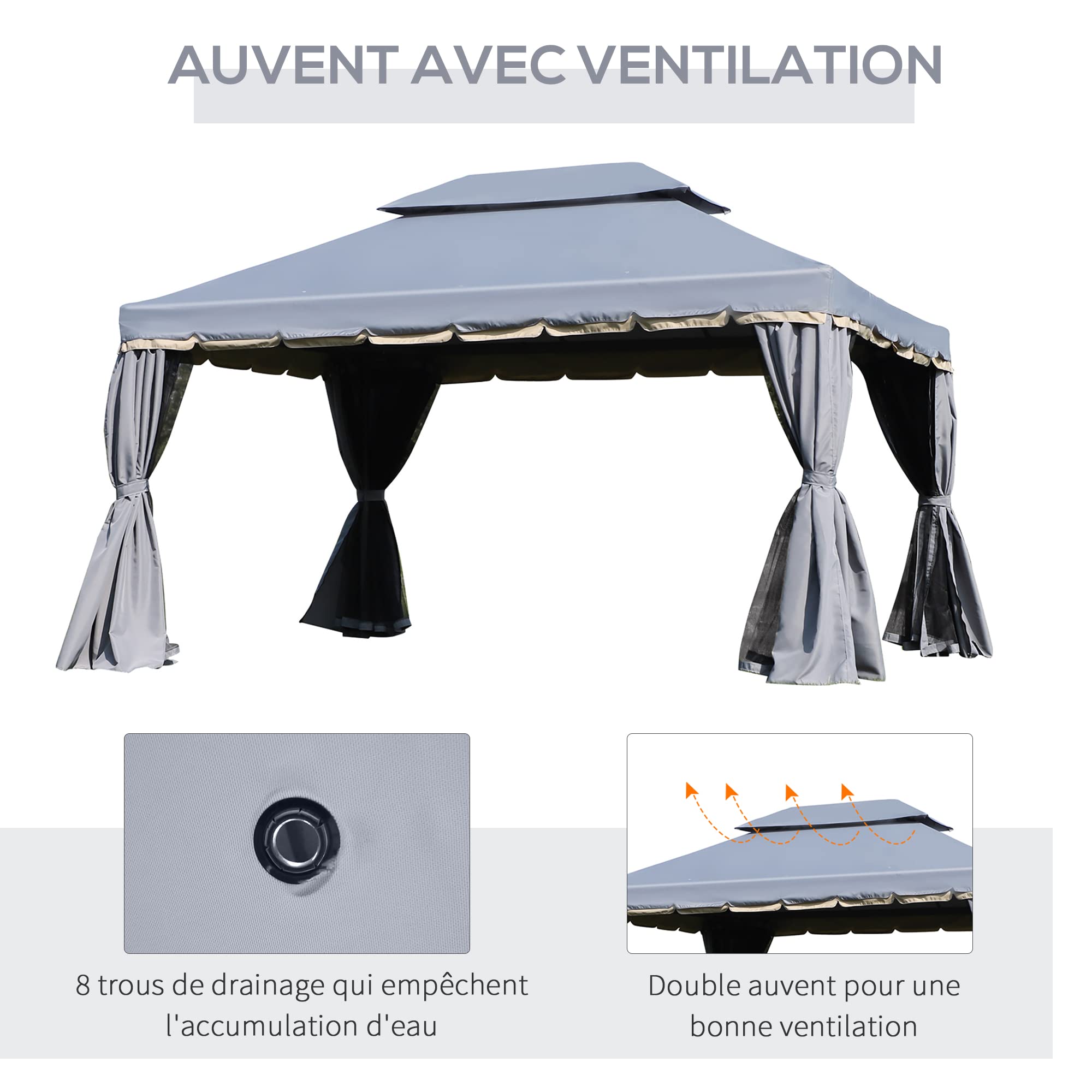 Outsunny Tonnelle de Jardin Extérieur Barnum Toit Double 4x3m Gris | Rideaux et Moustiquaire, Tente de Réception en Aluminium, pour Terrasse Patio Mariage Baptême
