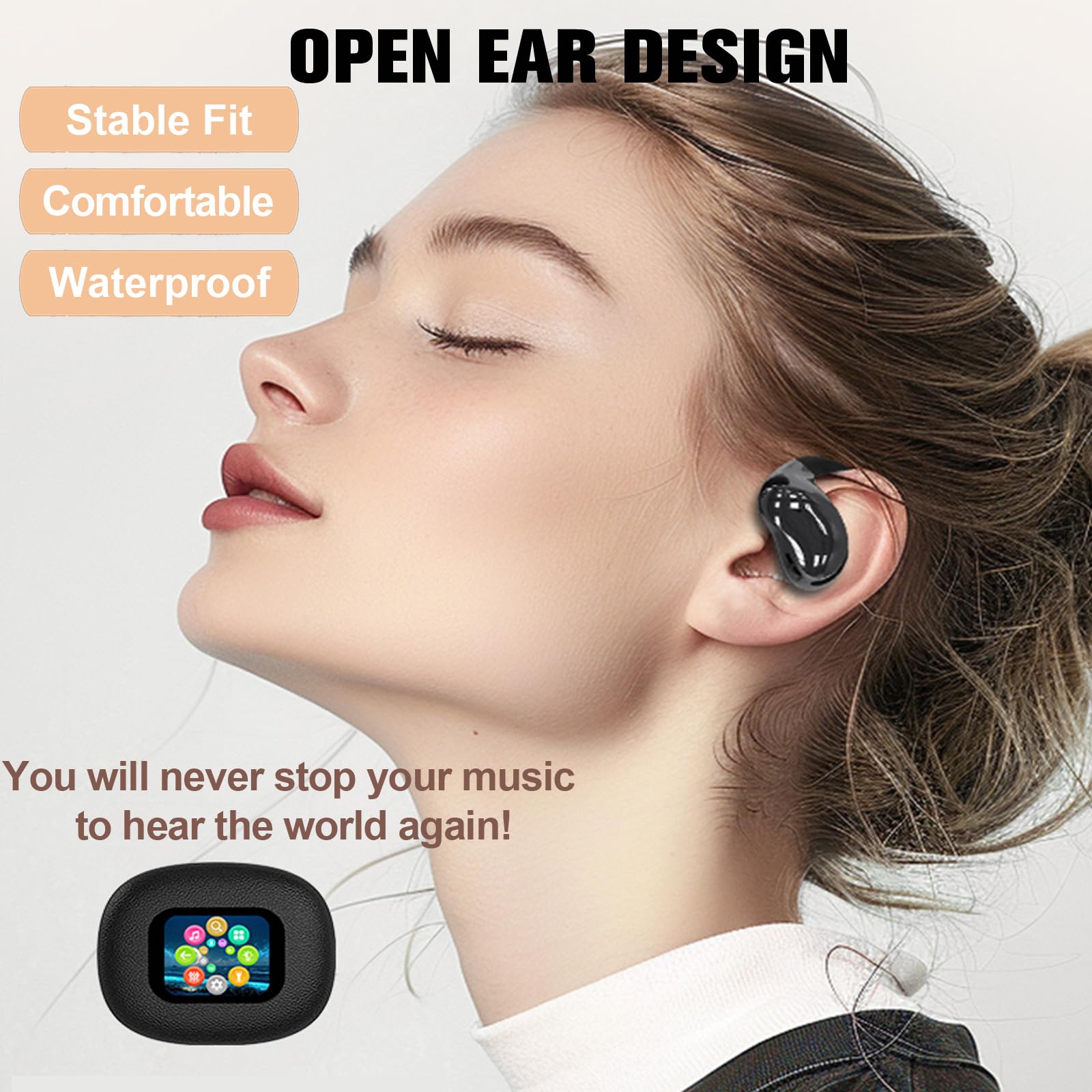 TWS - Auricolari wireless Bluetooth Smart Touch Screen Ultra Open Ear con ganci per le orecchie, auricolari sportivi con schermo sulla custodia, conduzione dell'aria, touchscreen, cuffie Bluetooth per