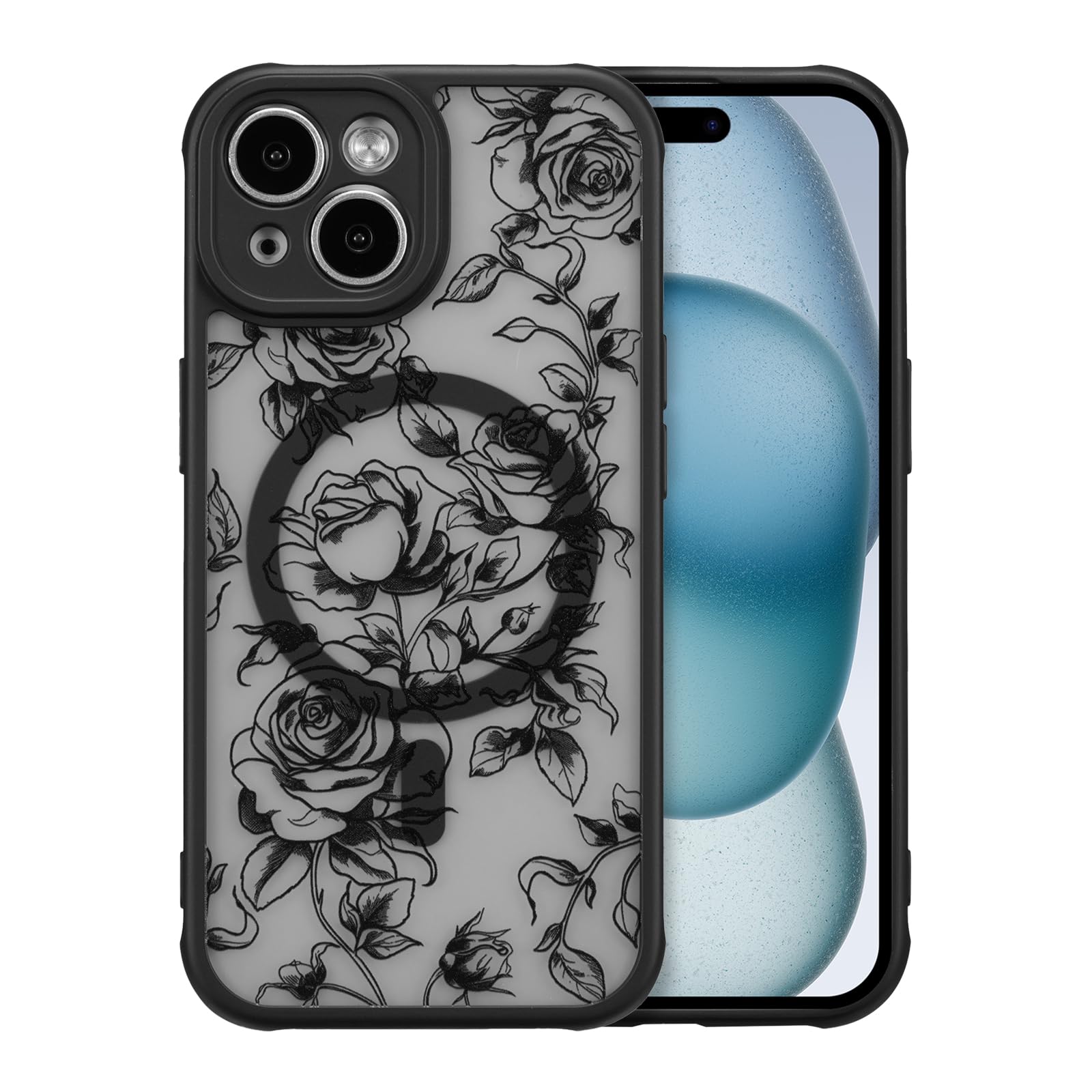 XIZYO Magnetic Case for iPhone 15, Floral Flower Cute Aesthetic Case [Compatible with Magsafe] for Women Girls Rose Pattern Slim TPU Bumper Shockproof