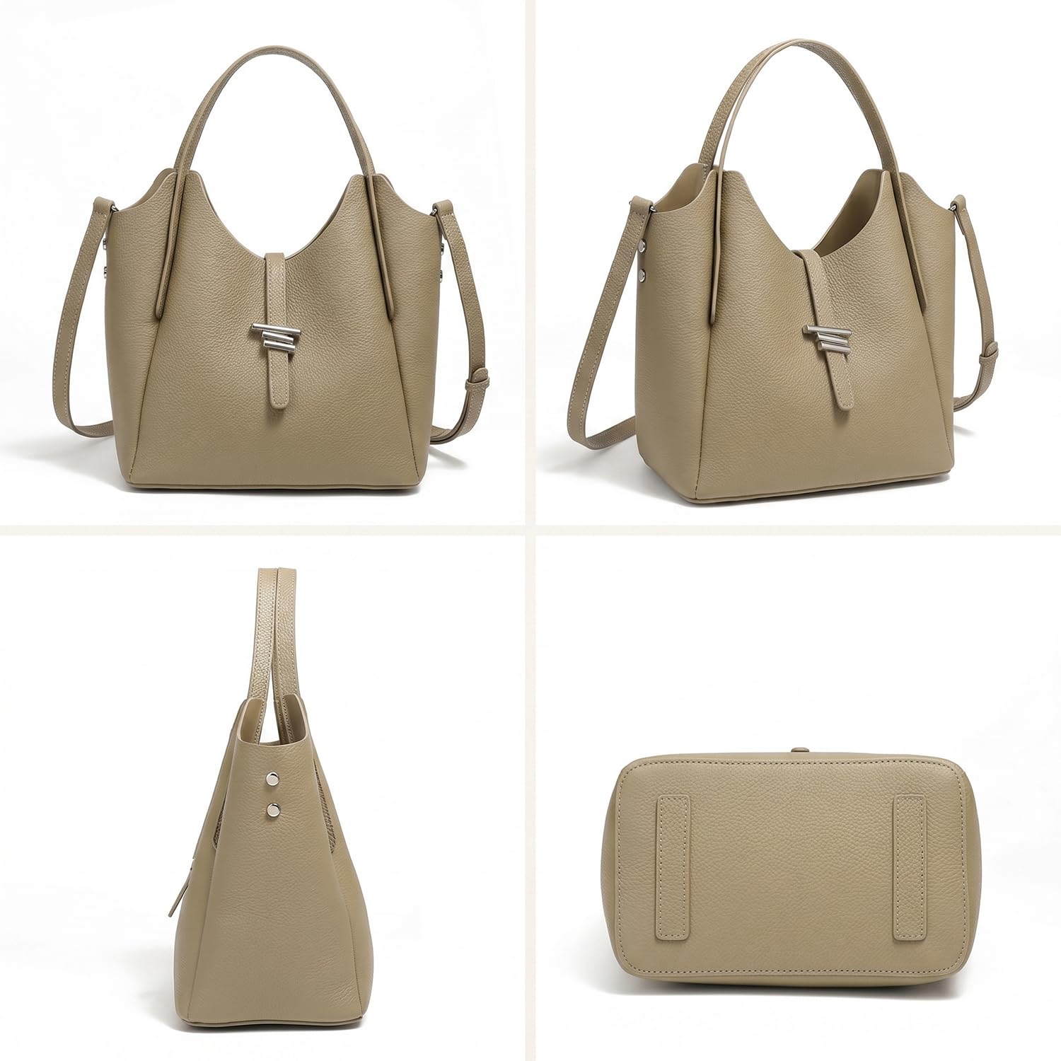 Bolso Cesta Forma de Campana Mujer Cuero Genuino, Bolso de Mano Bombonera Primavera Verano, Bolso Bandolera Moda para Trabajo y Diario Caquí