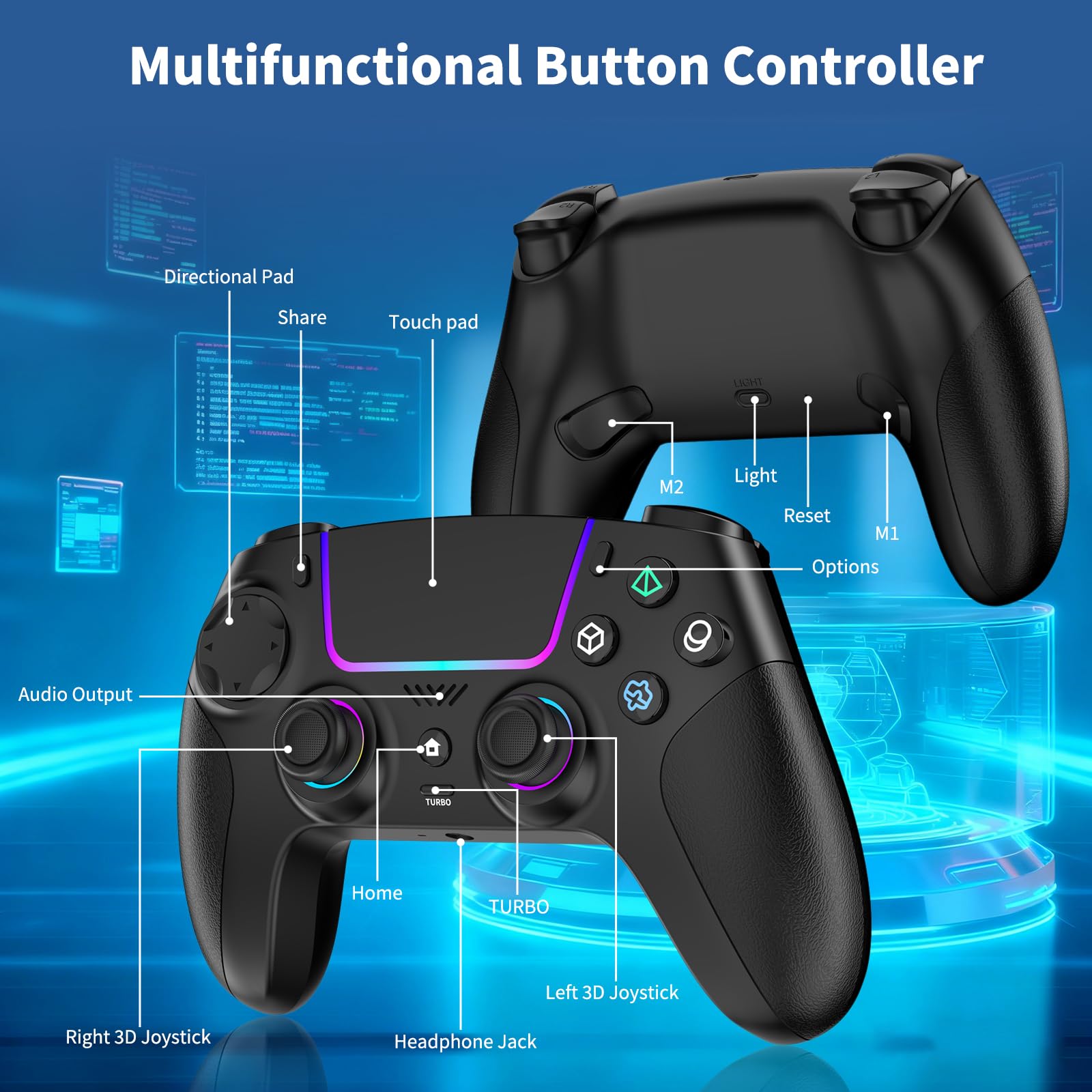 JORREP Manette sans fil pour PS5/Pro/Steam Deck/PC/MAC/iOS/Android10, manette de jeu avec éclairage RVB/double vibration/turbo/programmable/connexion casque/gyroscope 6 axes/batterie 1500 mAh