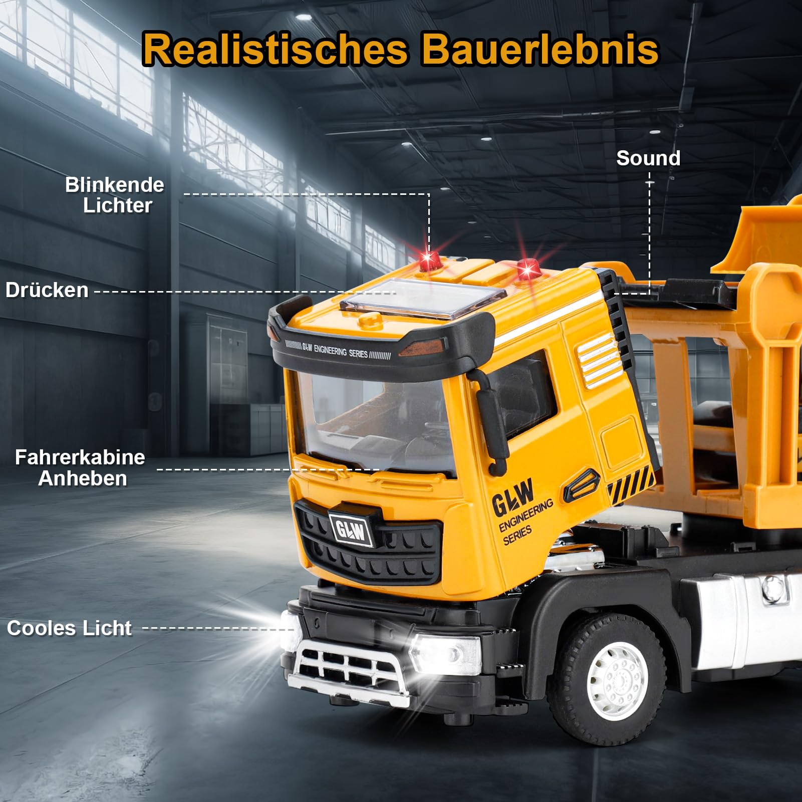 Kinderspielzeug für Jungen ab 3 Jahren: Spielzeug LKW mit Licht & Sound Baufahrzeug-Spielzeugset mit Bagger, Bulldozer, Kipper, Fahrmischer, Straßenwalze, Gabelstapler, Geschenk für Jungen 3-7 Jahre