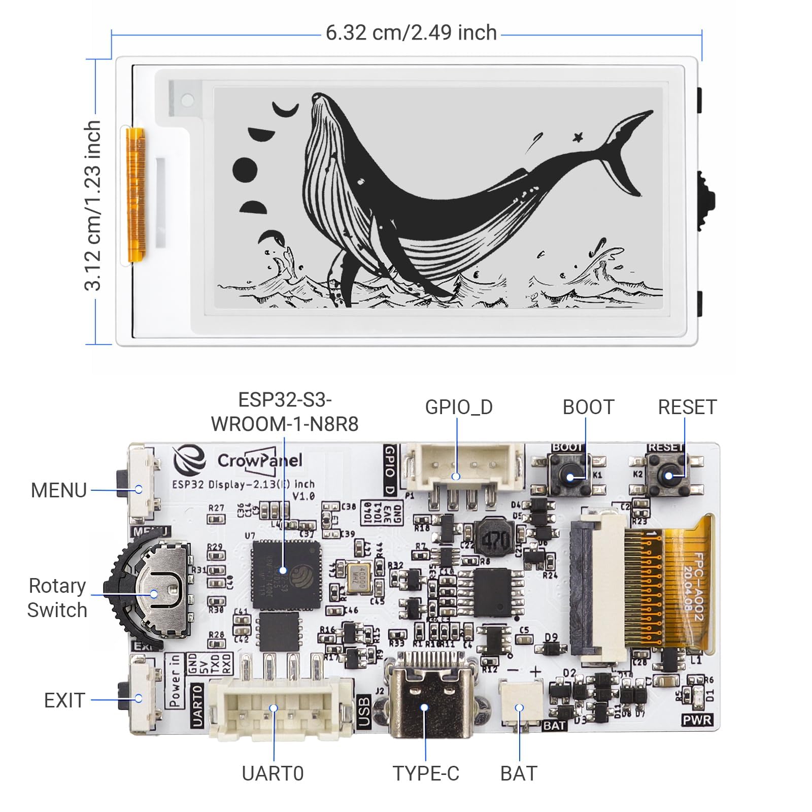 ELECROW CrowPanel 2,13 Zoll E-Ink Displaymodul SPI Interface E-Papier-Bildschirm, kompatibel mit Arduino IDE für HMI-Projekte