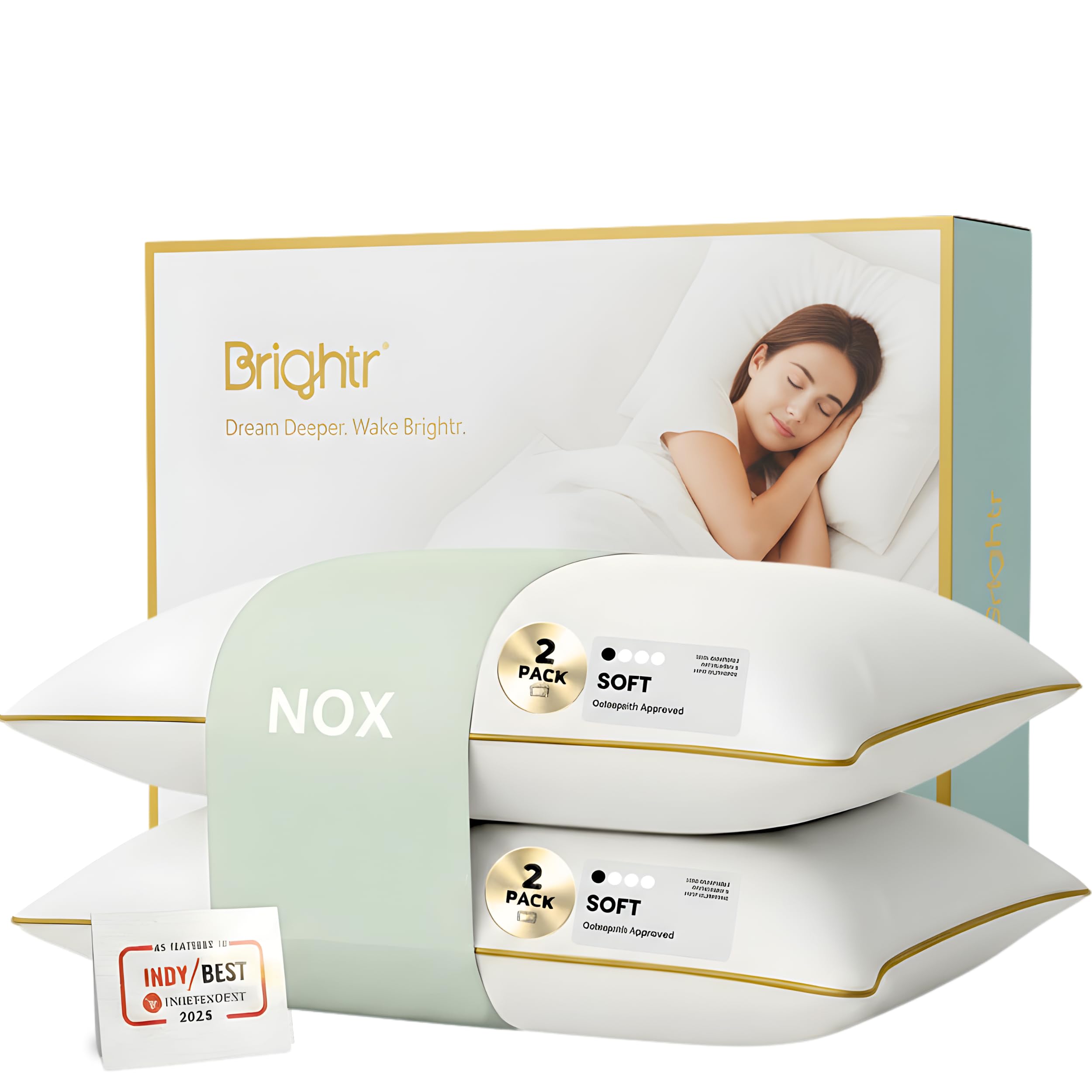 Brightr Soft Brightr® ‘Nox’ 2 Pack Luxury Hotel Down Alternative Pillow For Neck Pain | Shoulder And Spinal Support Pillow For Side Sleepers | Osteopath Recommended | Height Adjustable |